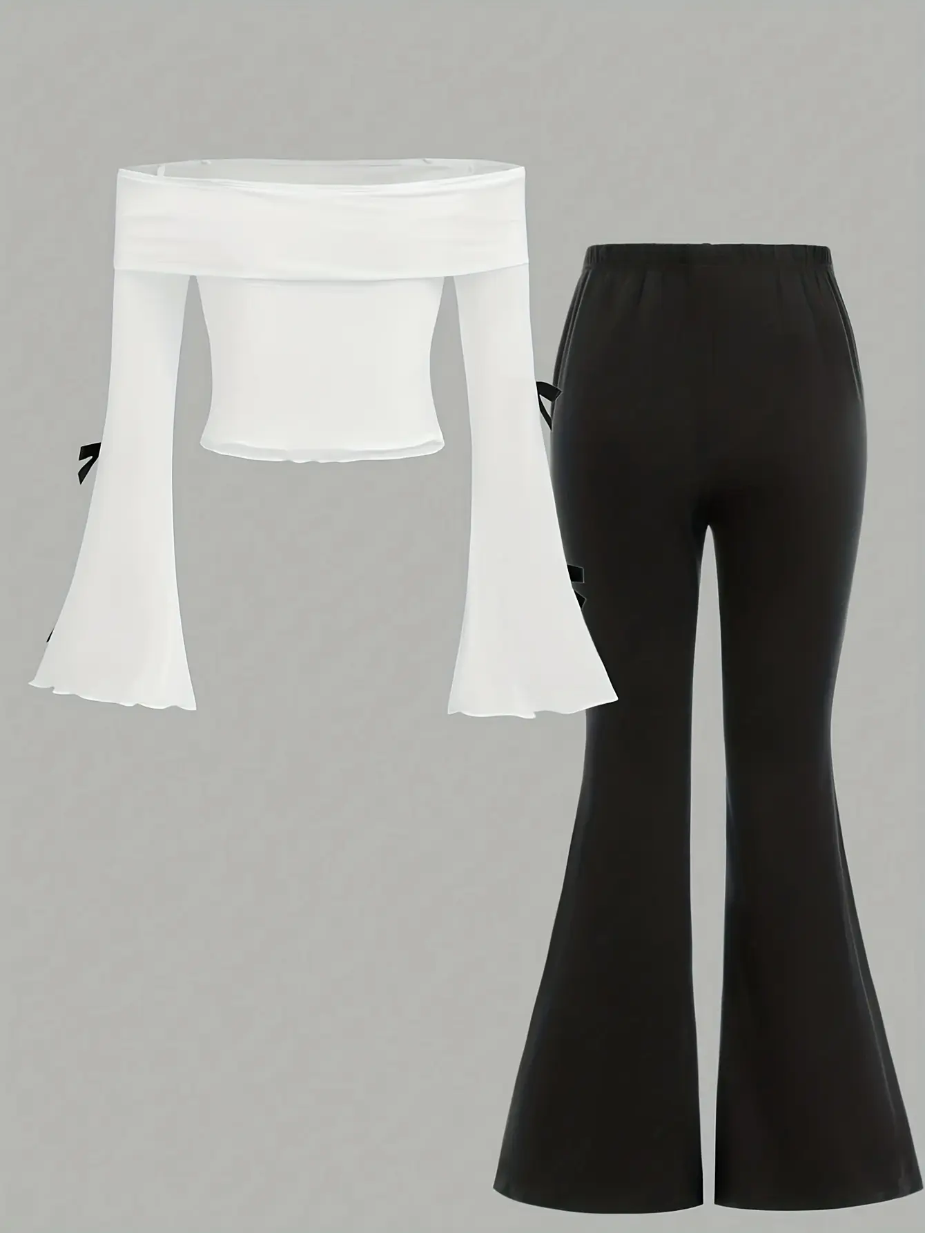 Girls Bow Off Shoulder Top and Flare Pants Set detail view