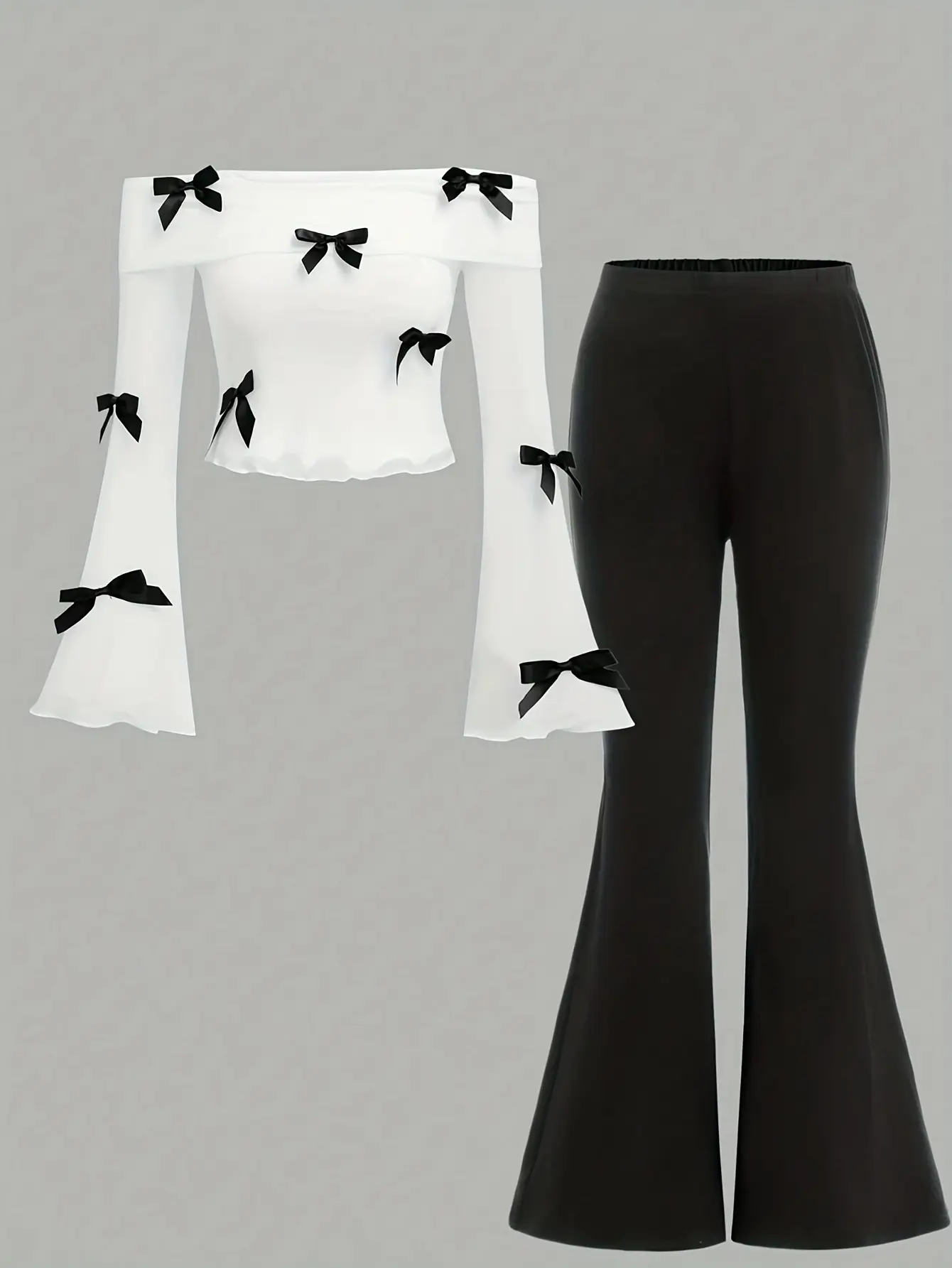 Girls Bow Off Shoulder Top and Flare Pants Set detail view