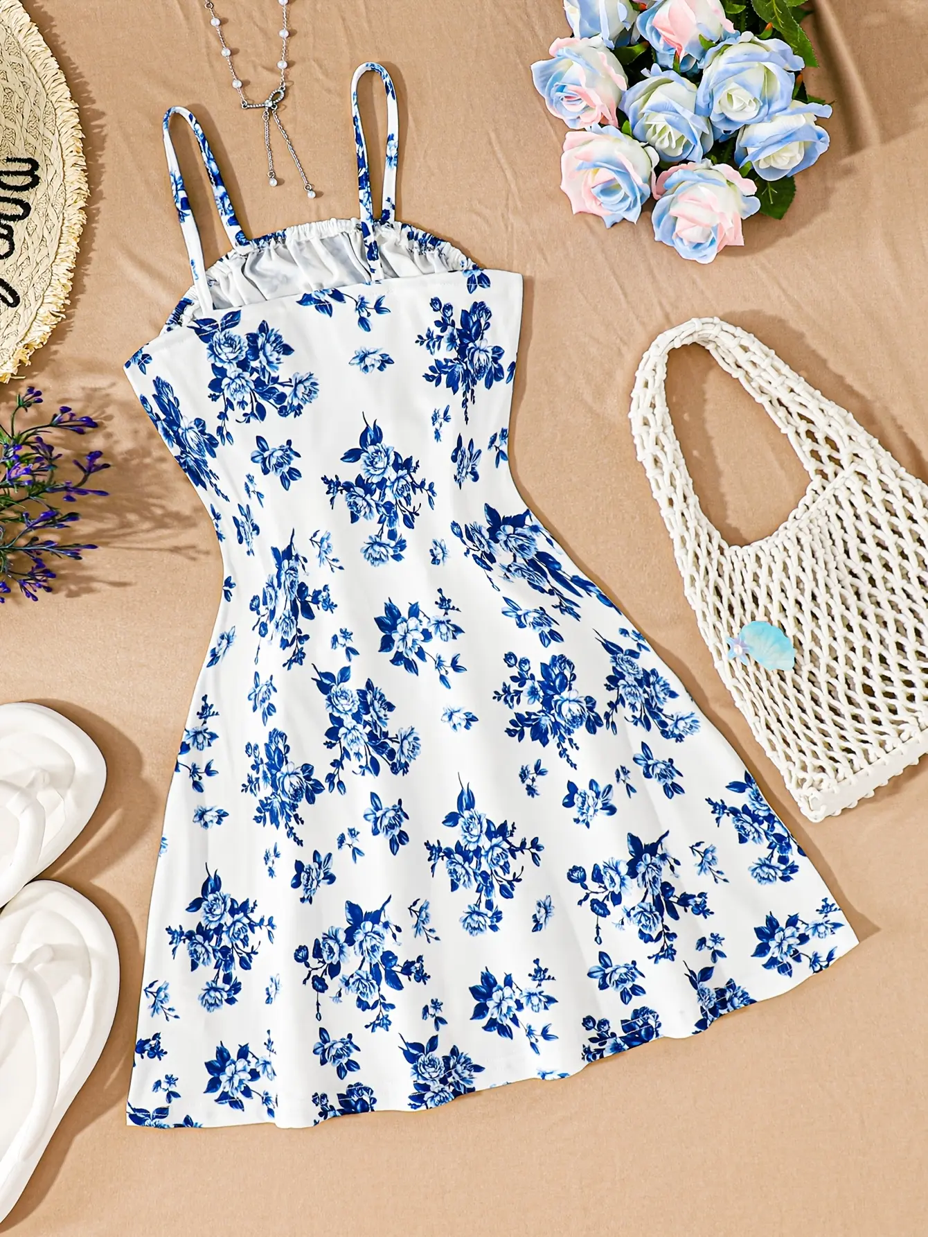 Girls Blue Floral Smocked Sundress detail view