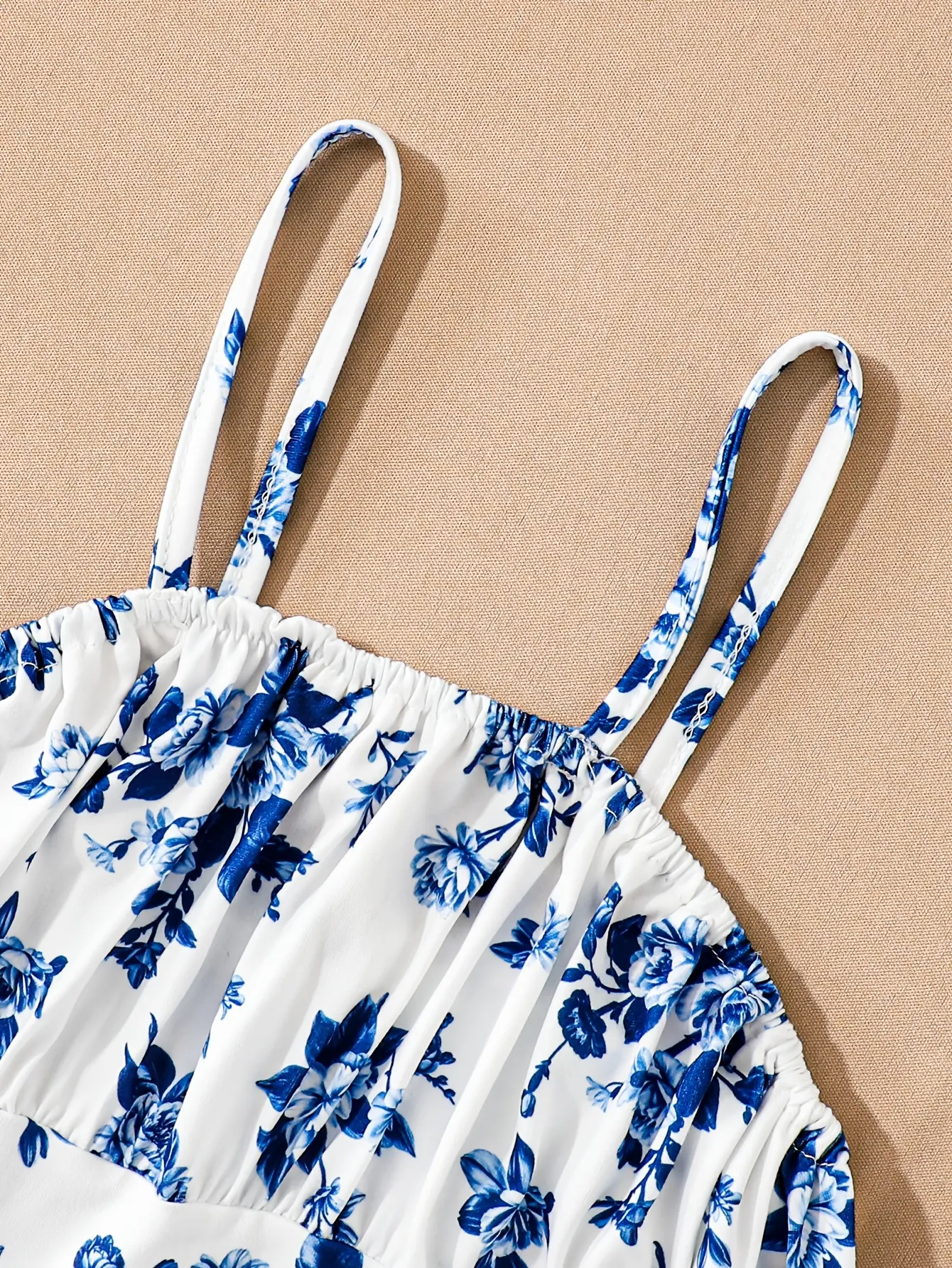 Girls Blue Floral Smocked Sundress detail view