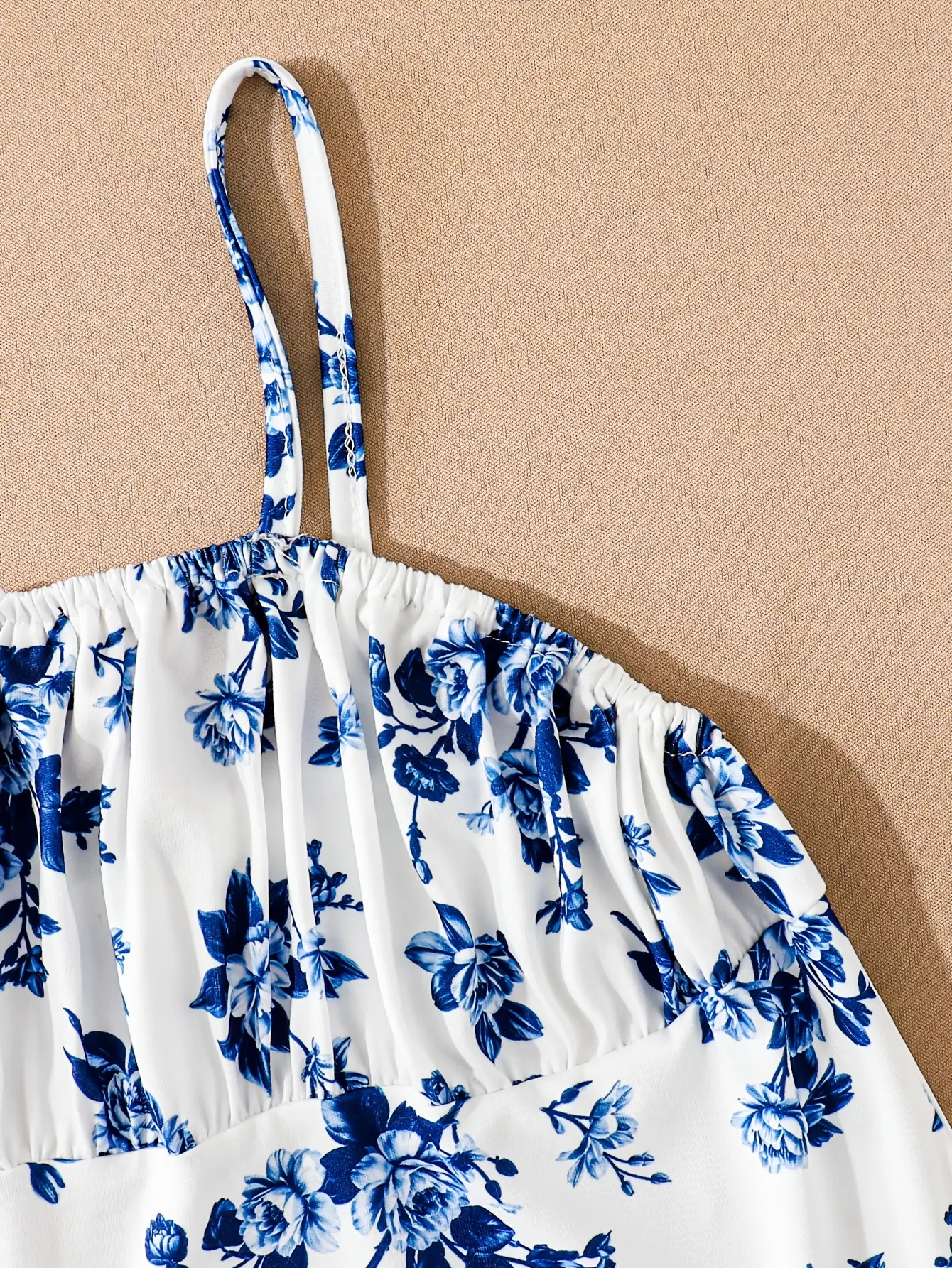 Girls Blue Floral Smocked Sundress detail view