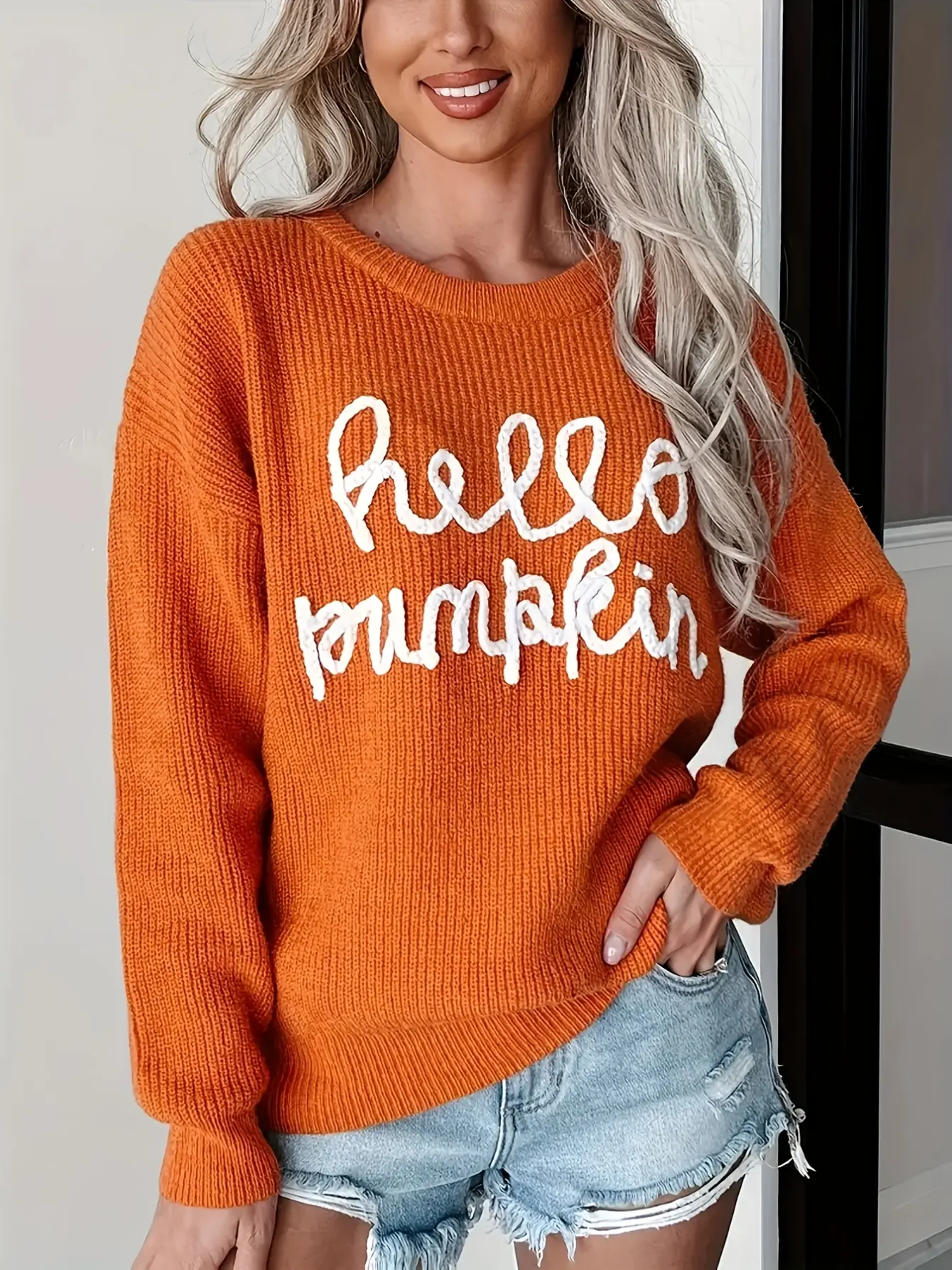 Women’s Hello Pumpkin Embroidered Crew Neck Sweater gallery view