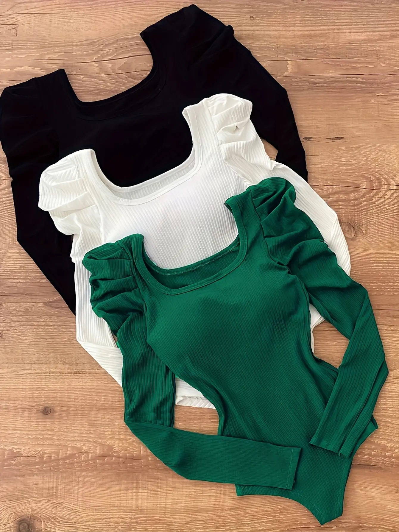 Women’s 3-Pack Puff Sleeve Scoop Neck Fitted Long Sleeve Tops gallery view