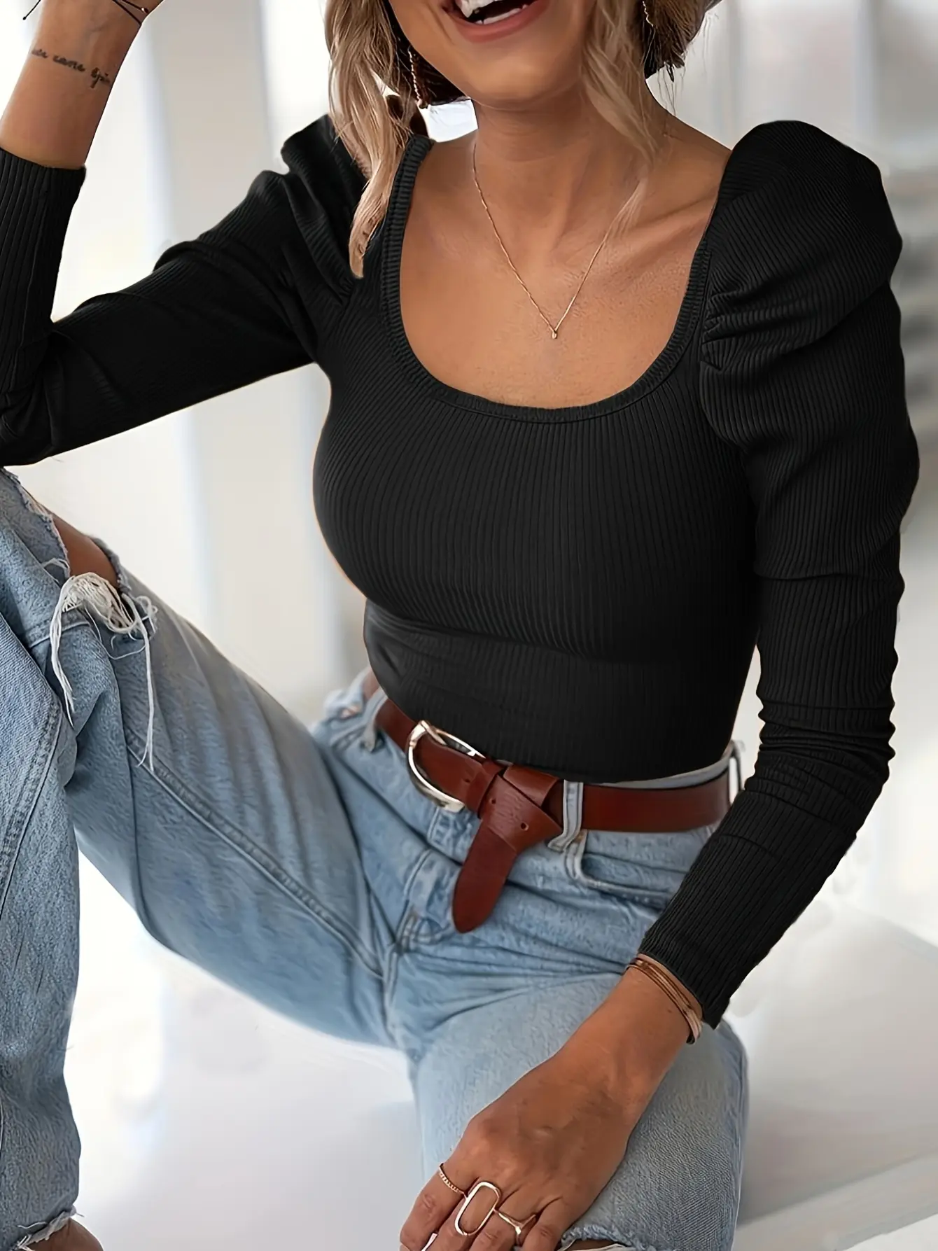 Women’s 3-Pack Puff Sleeve Scoop Neck Fitted Long Sleeve Tops gallery view