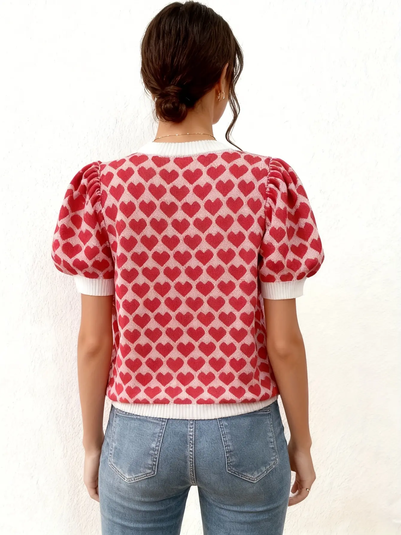Women’s Red Heart Pattern Short Sleeve Knit Top gallery view