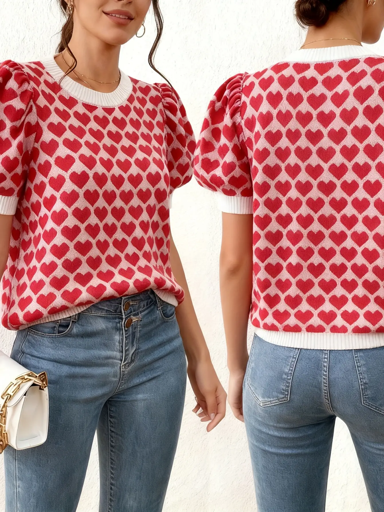 Women’s Red Heart Pattern Short Sleeve Knit Top gallery view