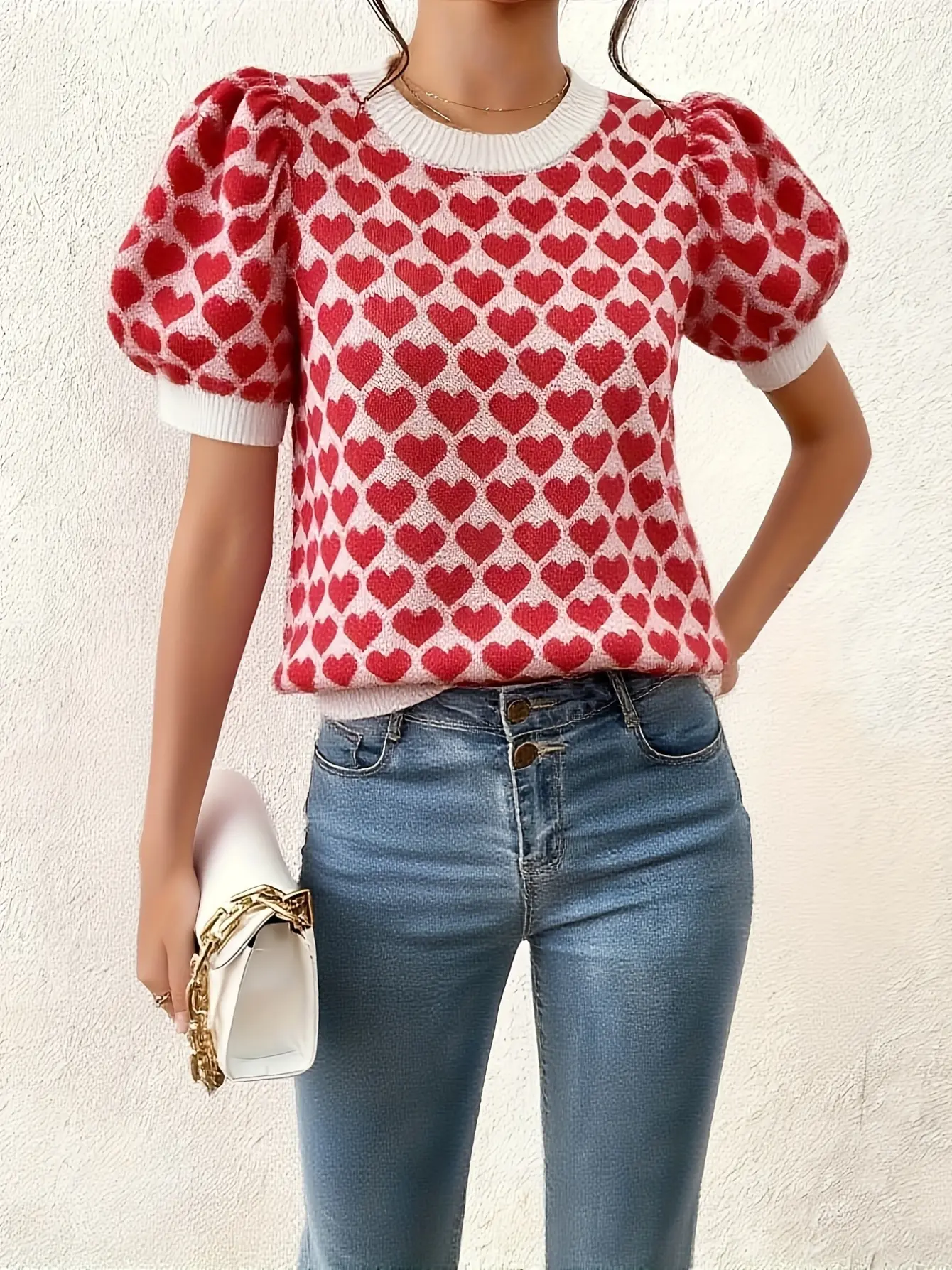 Women’s Red Heart Pattern Short Sleeve Knit Top gallery view