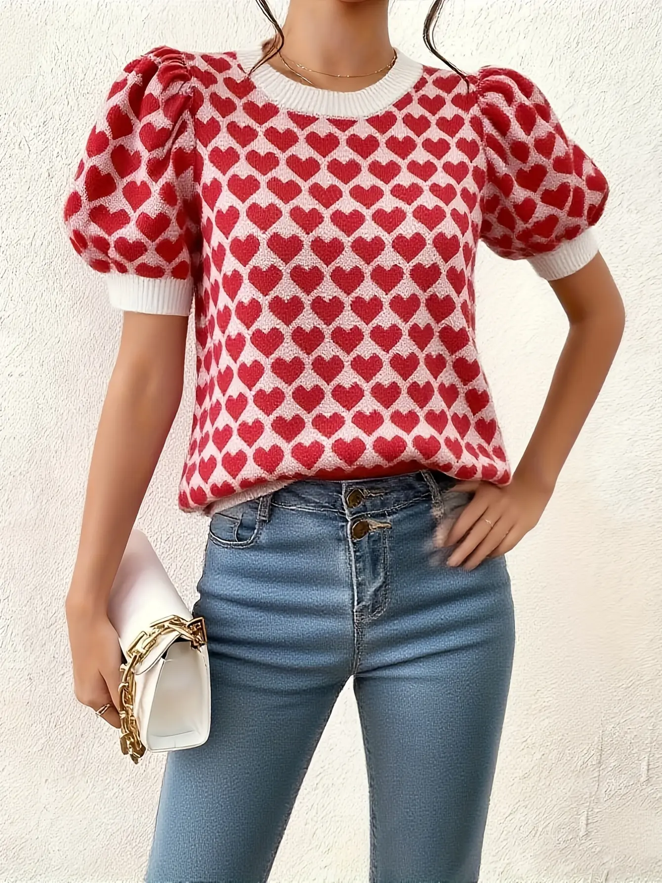 Women’s Red Heart Pattern Short Sleeve Knit Top gallery view