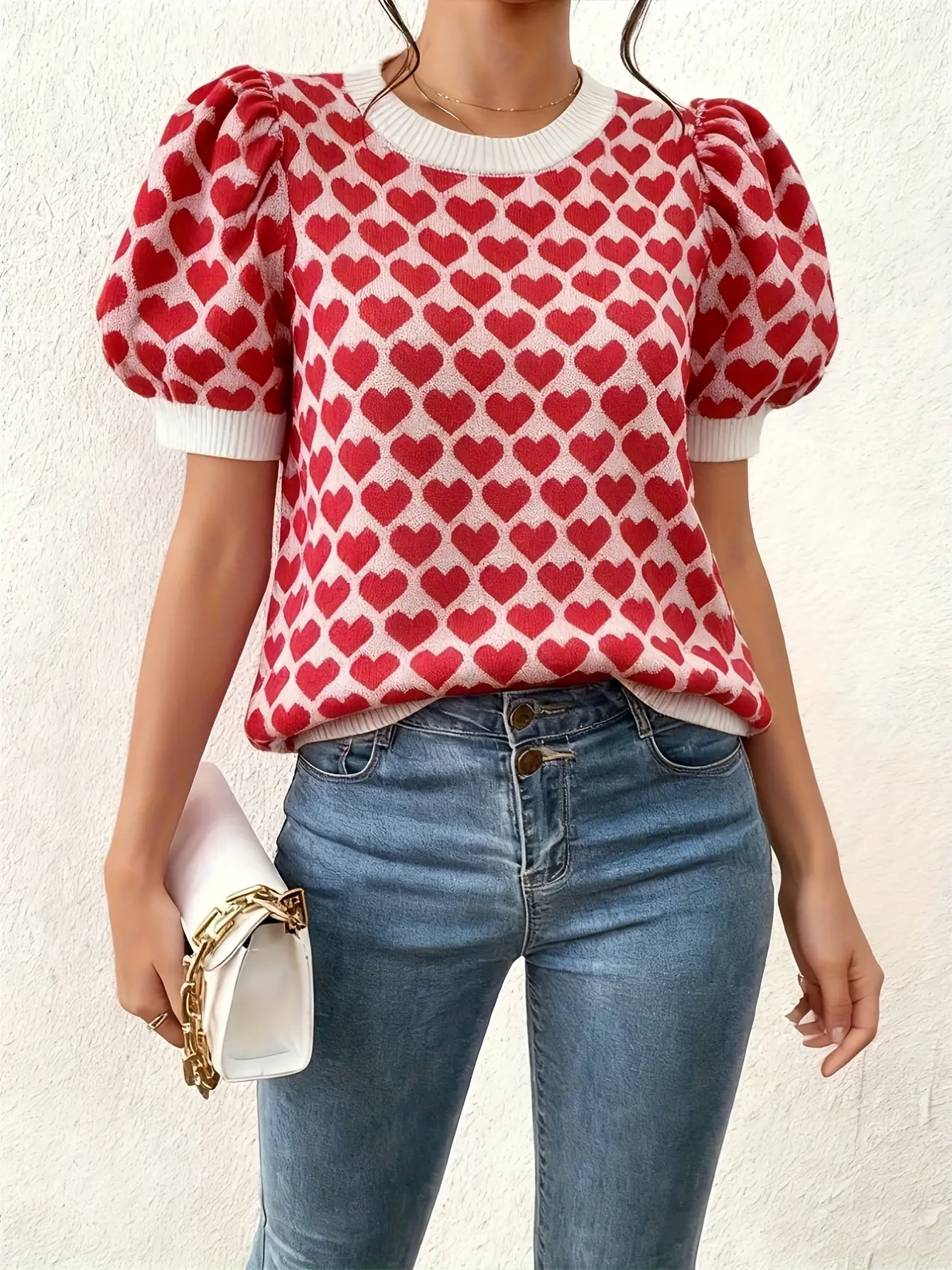 Women’s Red Heart Pattern Short Sleeve Knit Top gallery view