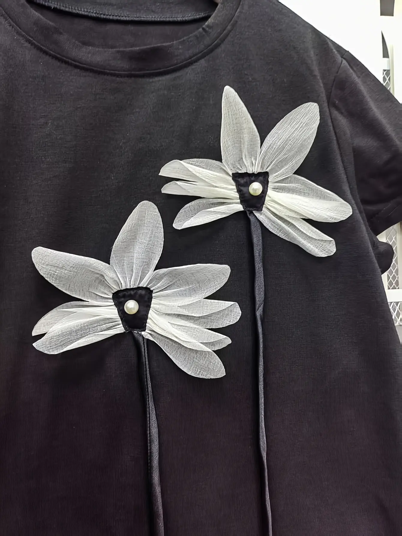 Women’s Black Sculpted Floral Applique Short Sleeve Top gallery view