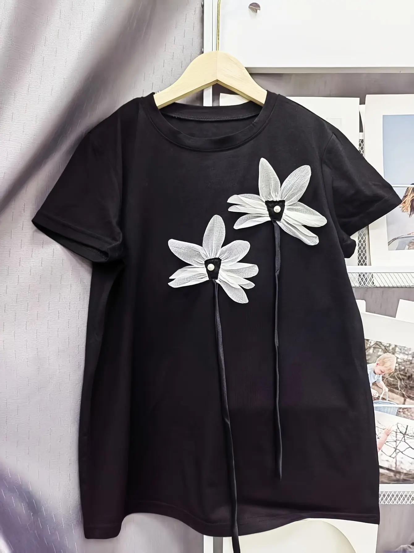 Women’s Black Sculpted Floral Applique Short Sleeve Top gallery view
