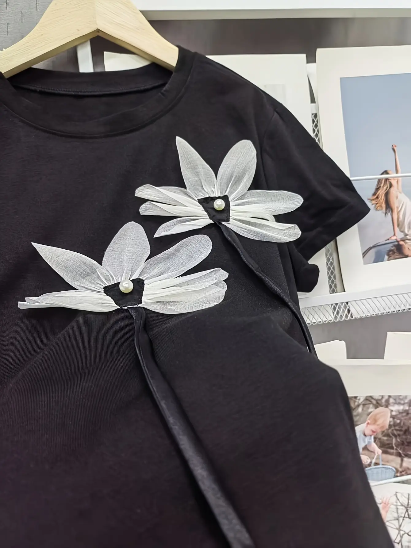 Women’s Black Sculpted Floral Applique Short Sleeve Top gallery view