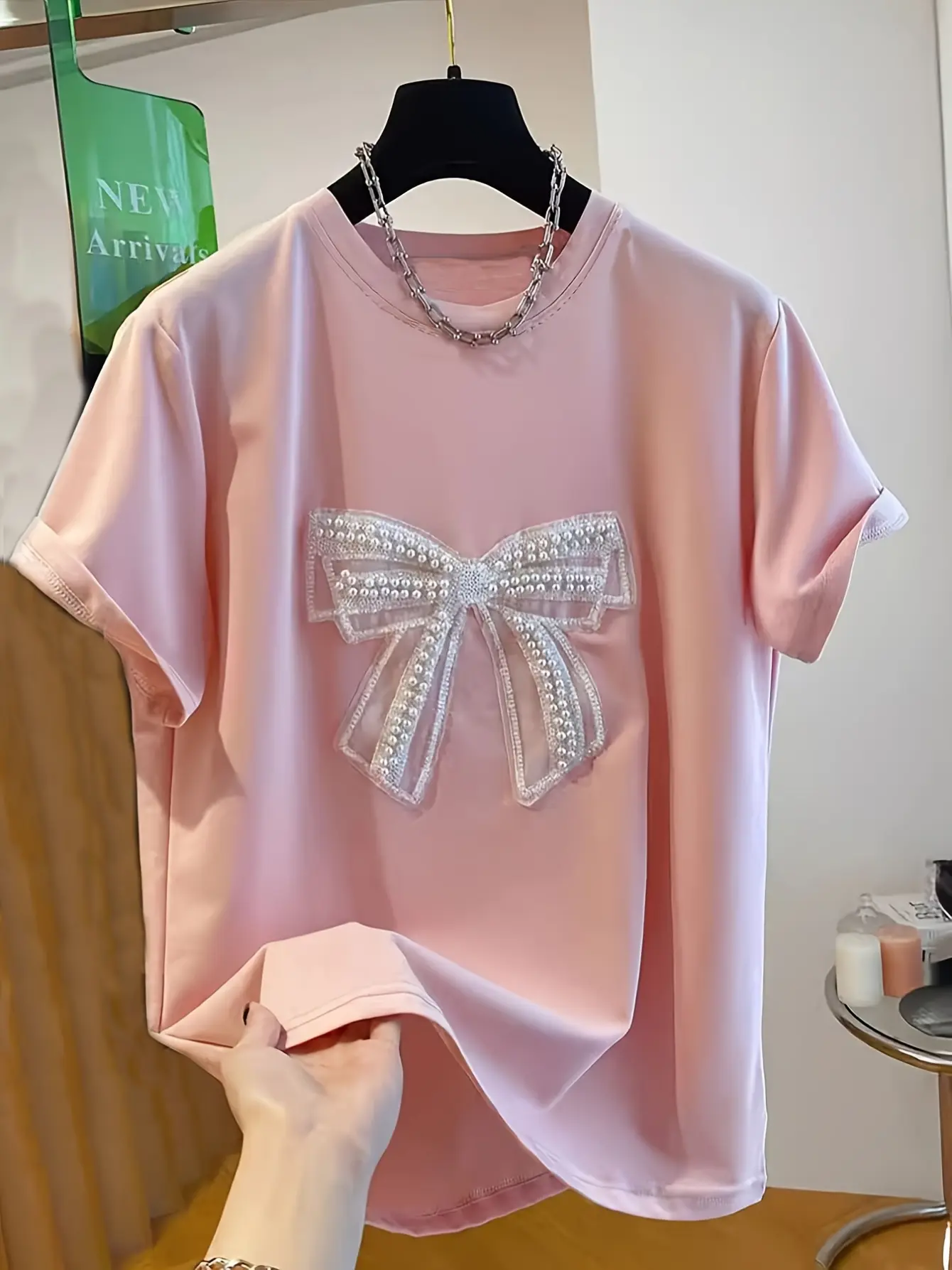 Women’s Pink Bow and Faux Pearl Applique T-Shirt gallery view