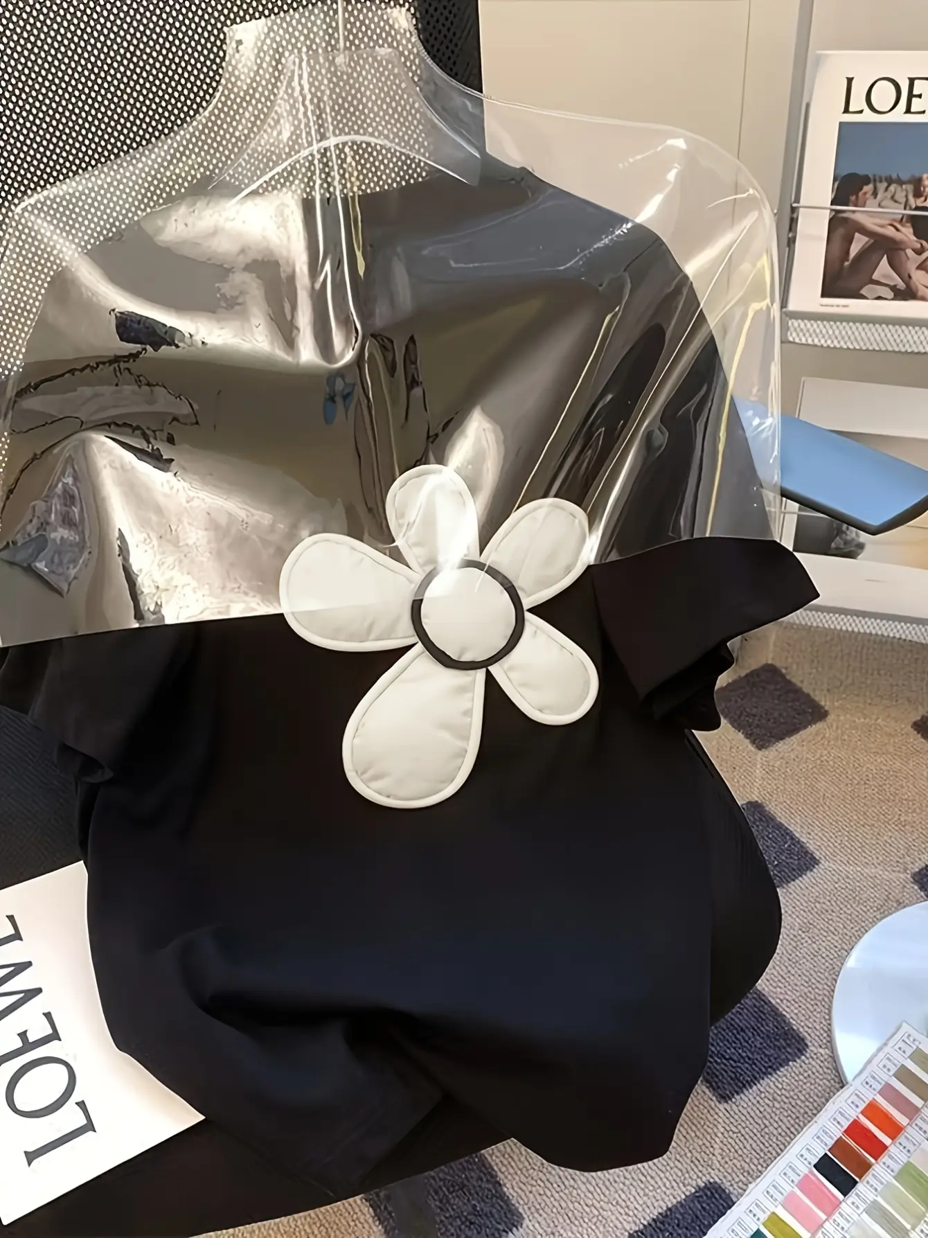 Women’s Black French-Inspired 3D Floral T-Shirt gallery view