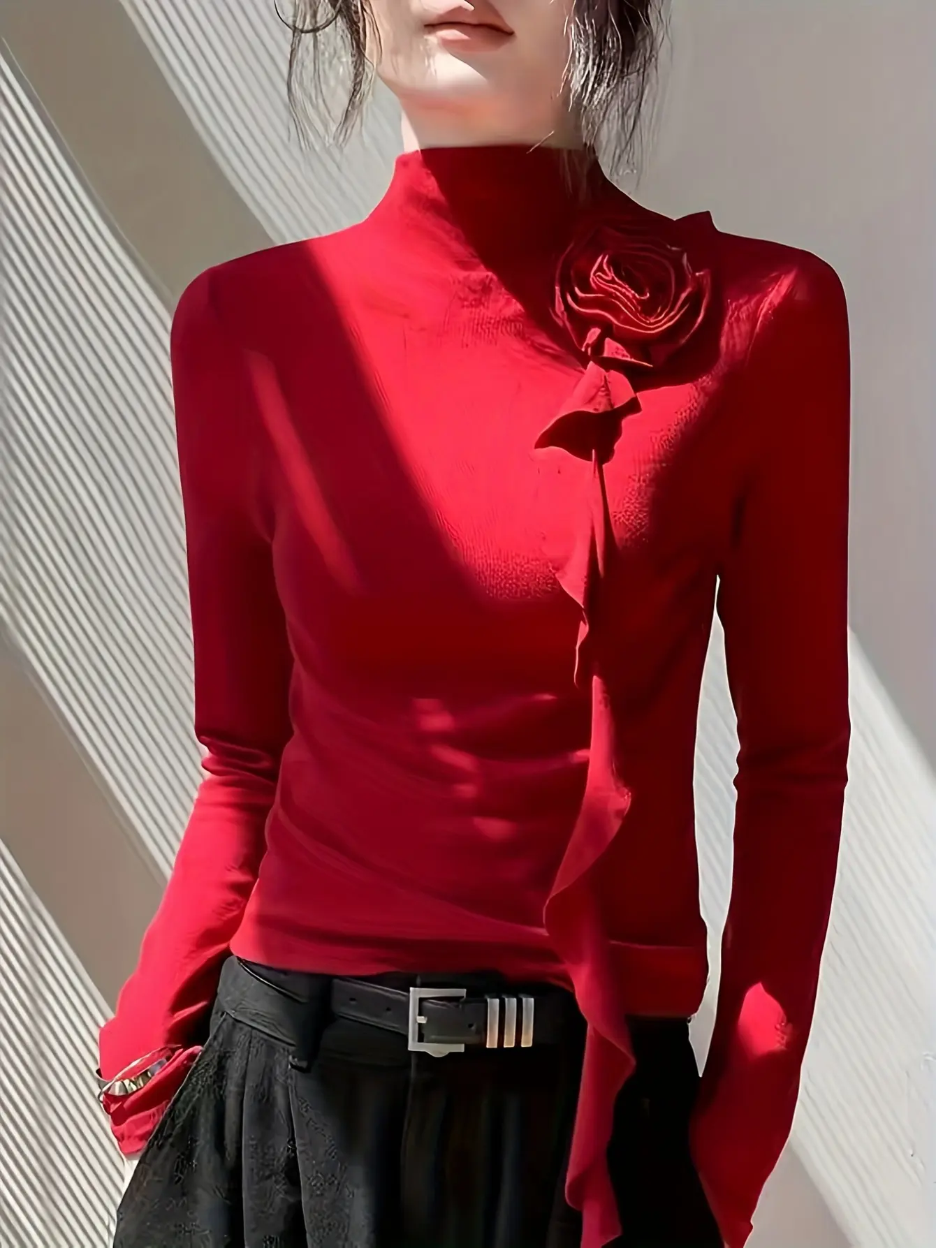 Women’s Red Long Sleeve Top with 3D Rose Applique gallery view