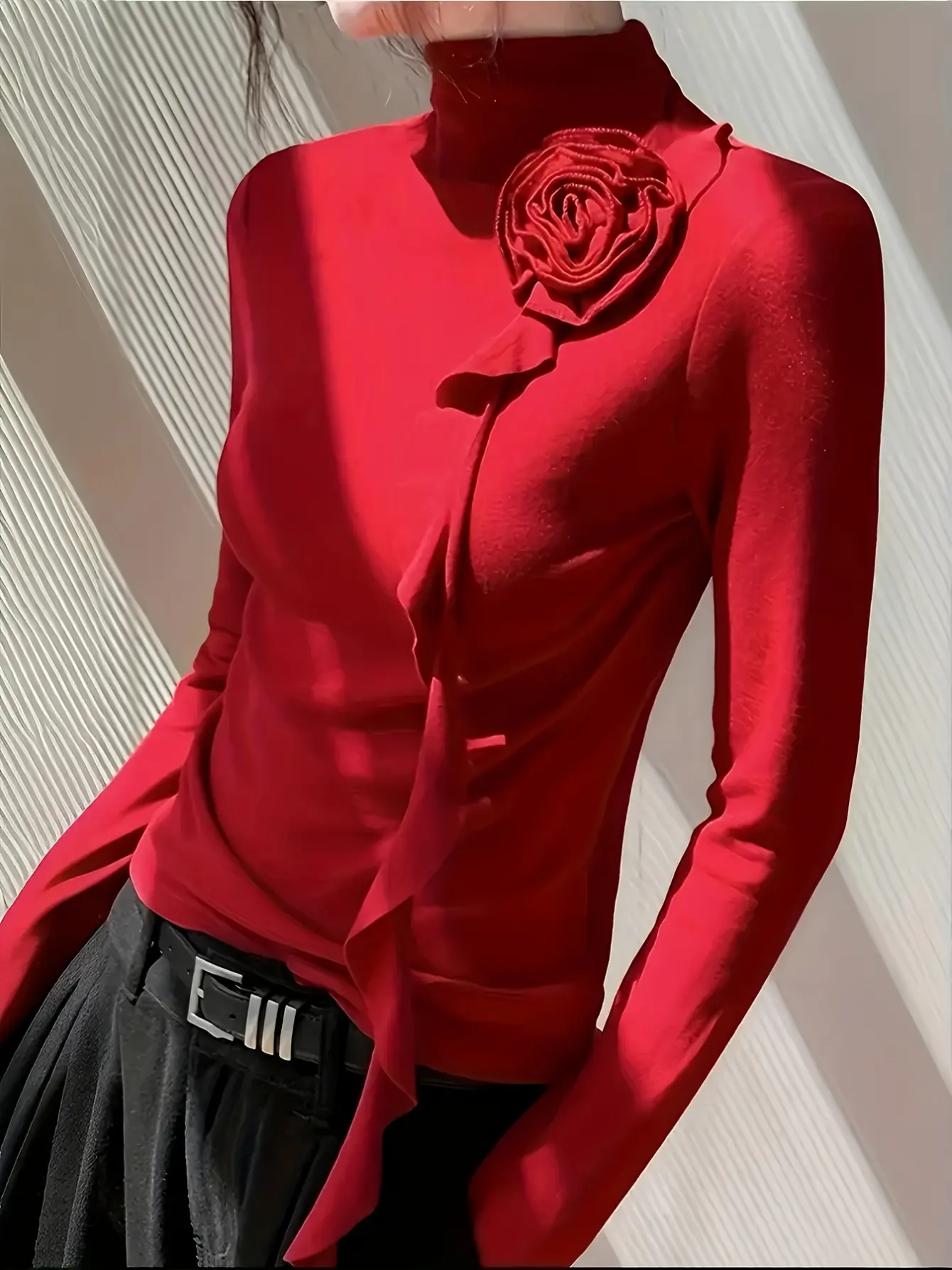 Women’s Red Long Sleeve Top with 3D Rose Applique gallery view