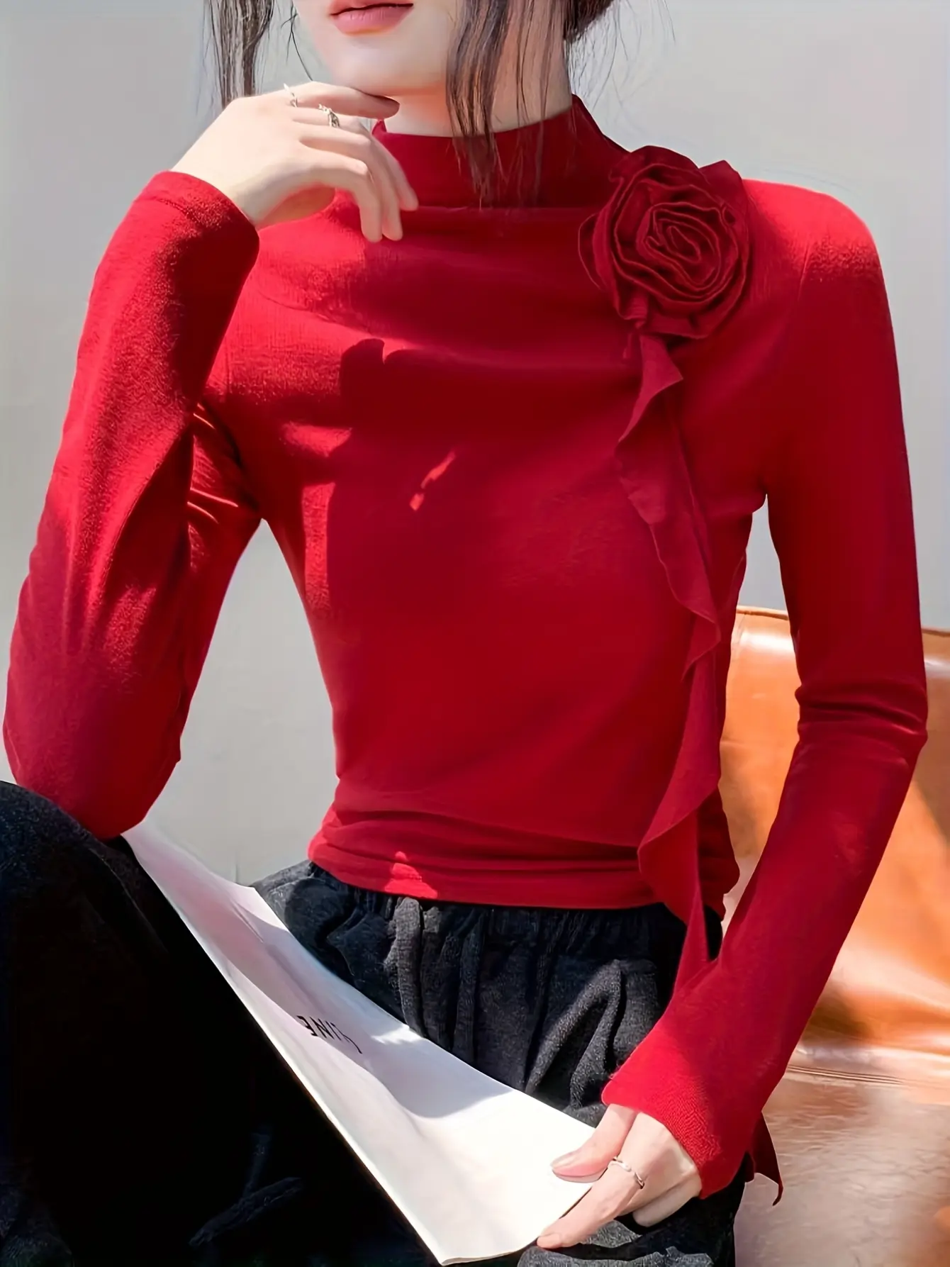 Women’s Red Long Sleeve Top with 3D Rose Applique gallery view