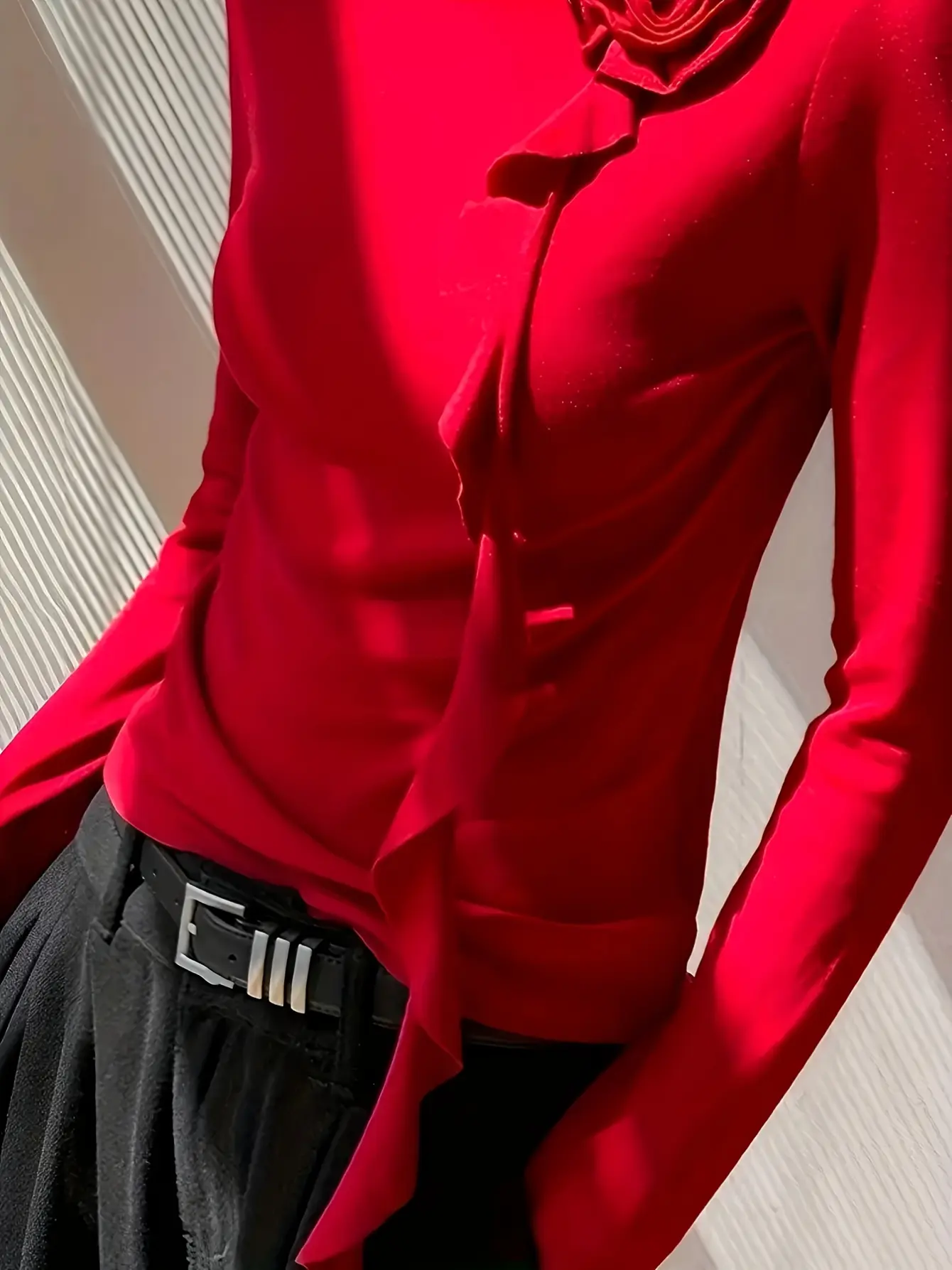 Women’s Red Long Sleeve Top with 3D Rose Applique gallery view