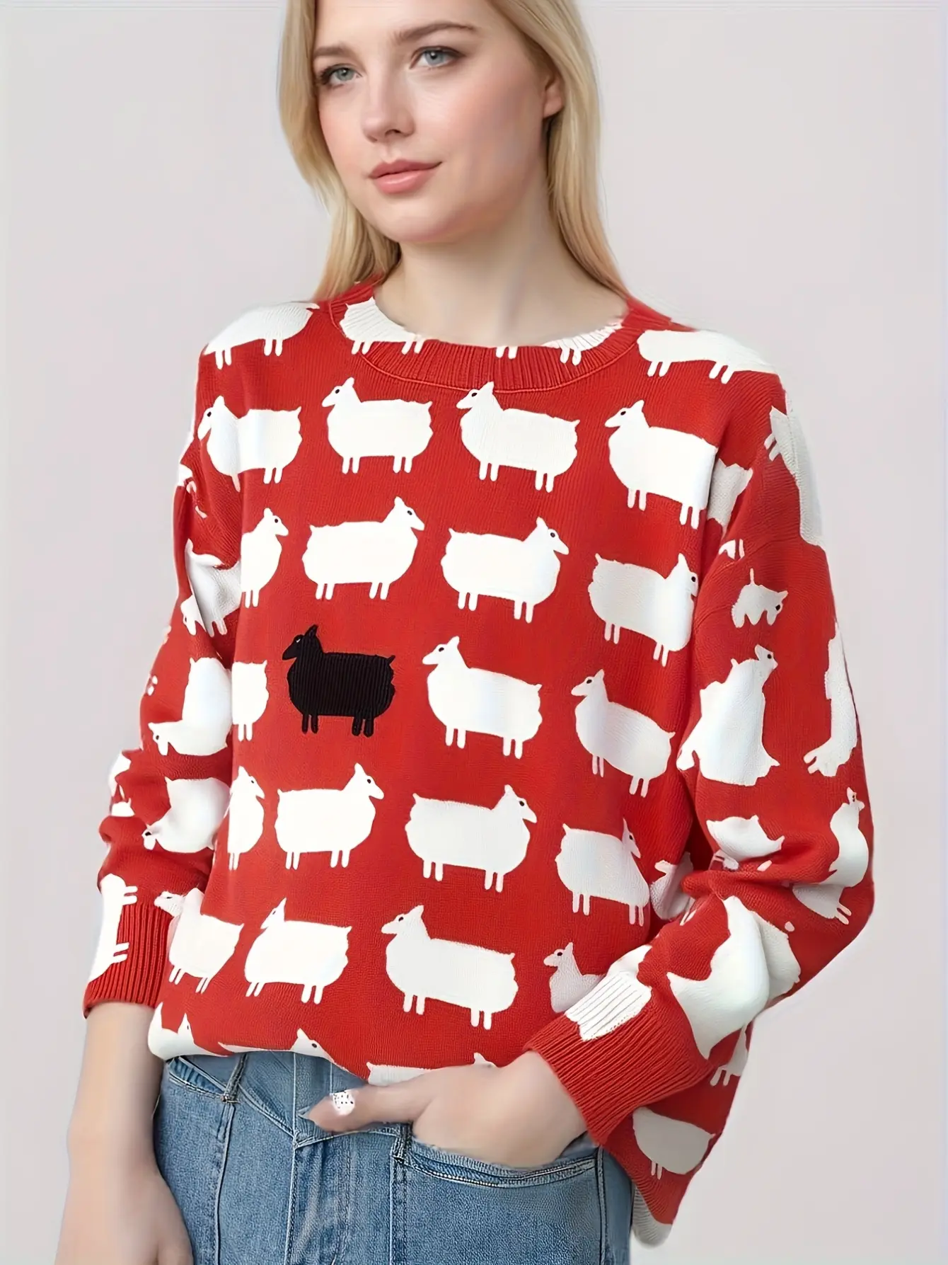 Women’s Red Graphic Long Sleeve Knit Top gallery view