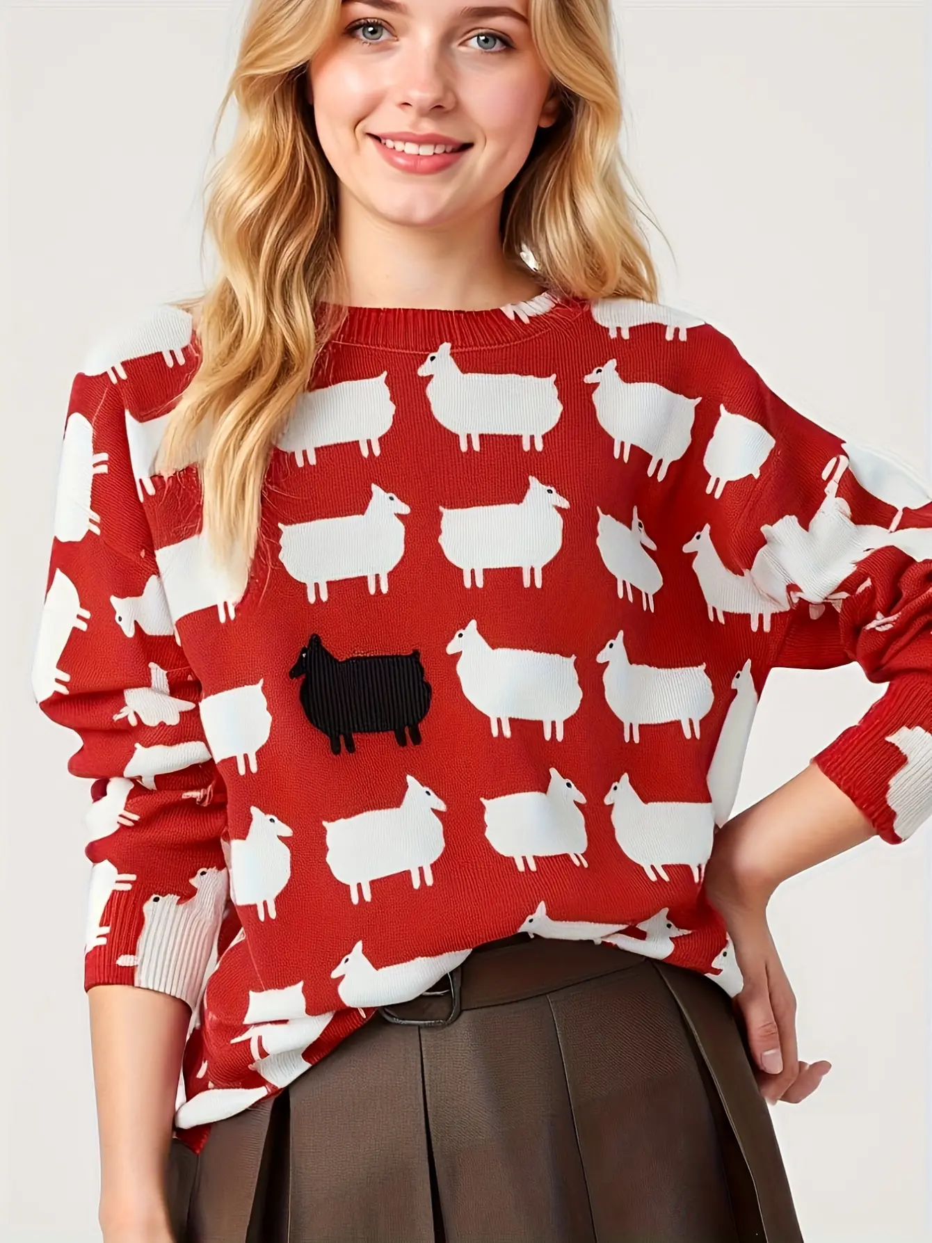 Women’s Red Graphic Long Sleeve Knit Top gallery view