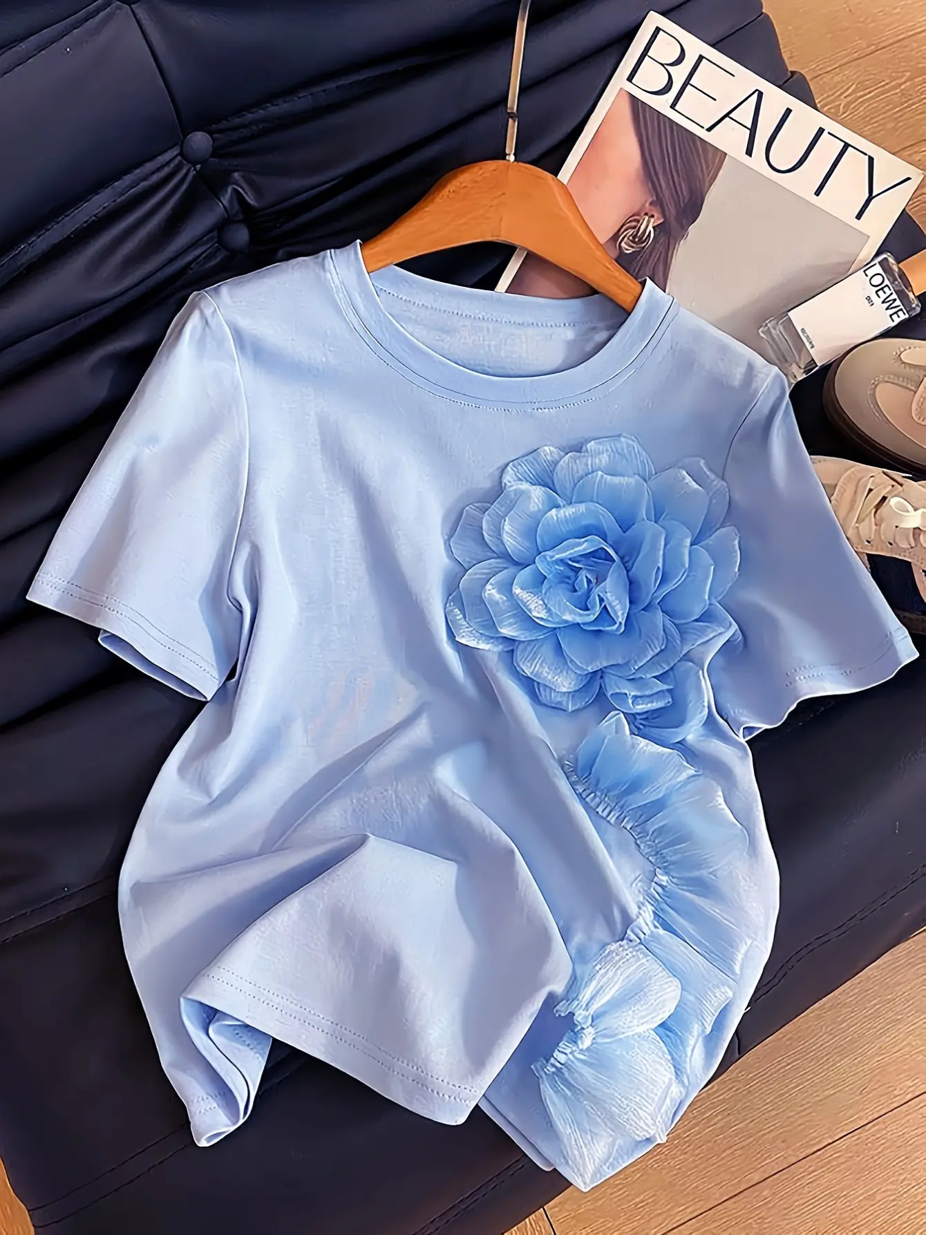 Women’s Blue 3D Floral Applique Crew Neck Top gallery view