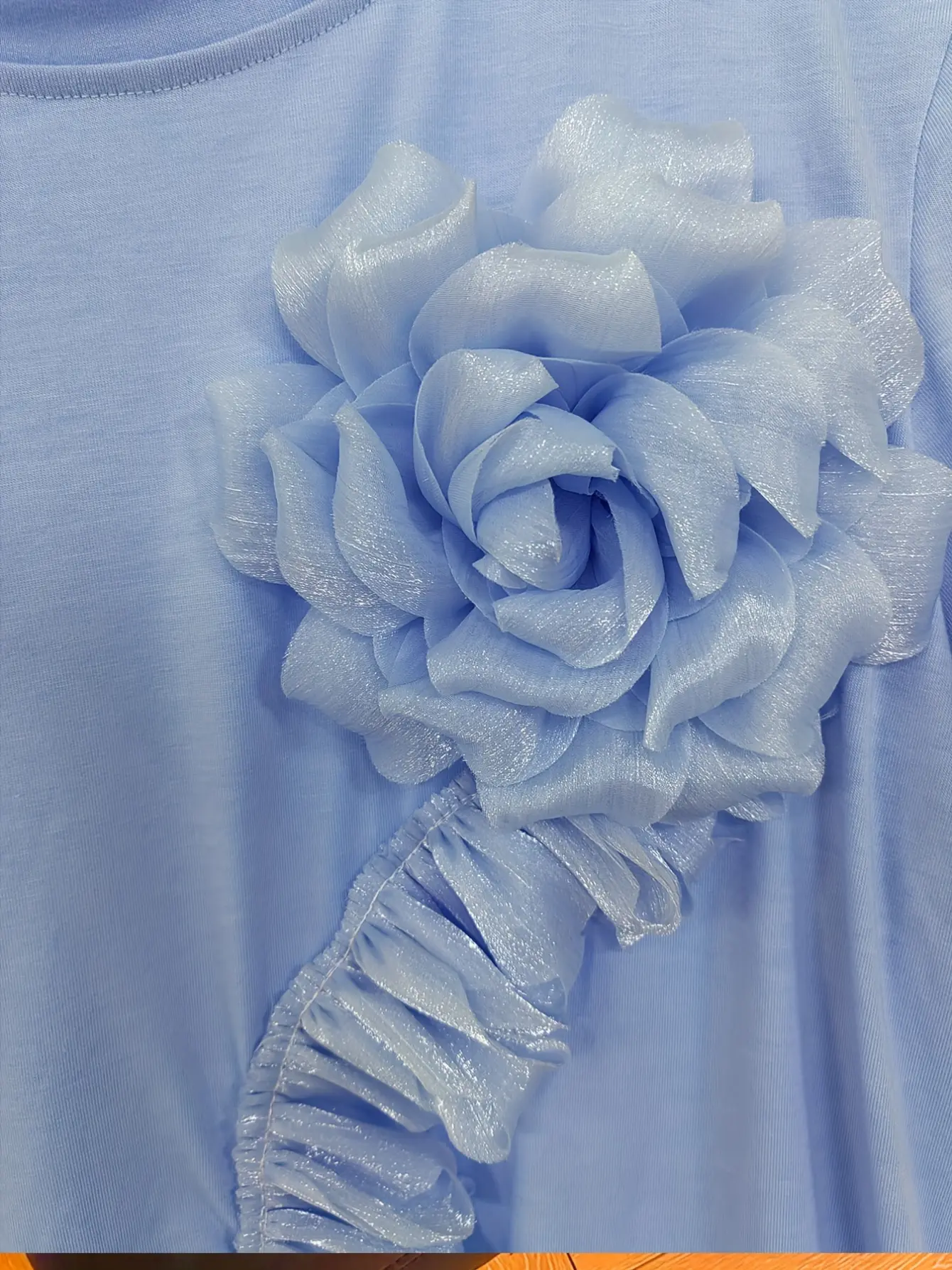 Women’s Blue 3D Floral Applique Crew Neck Top gallery view