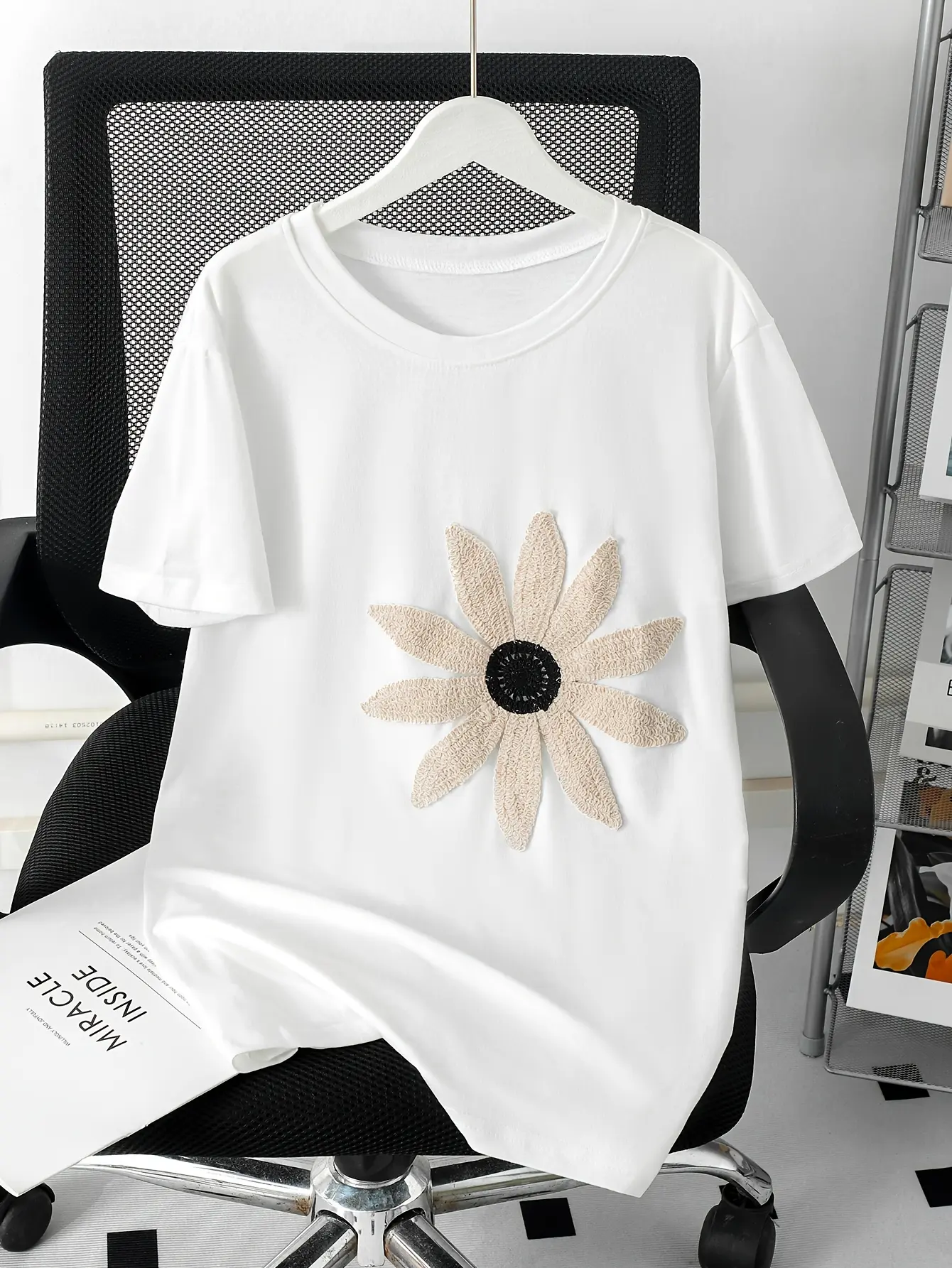 Women’s Crochet Sunflower Applique T-Shirt gallery view