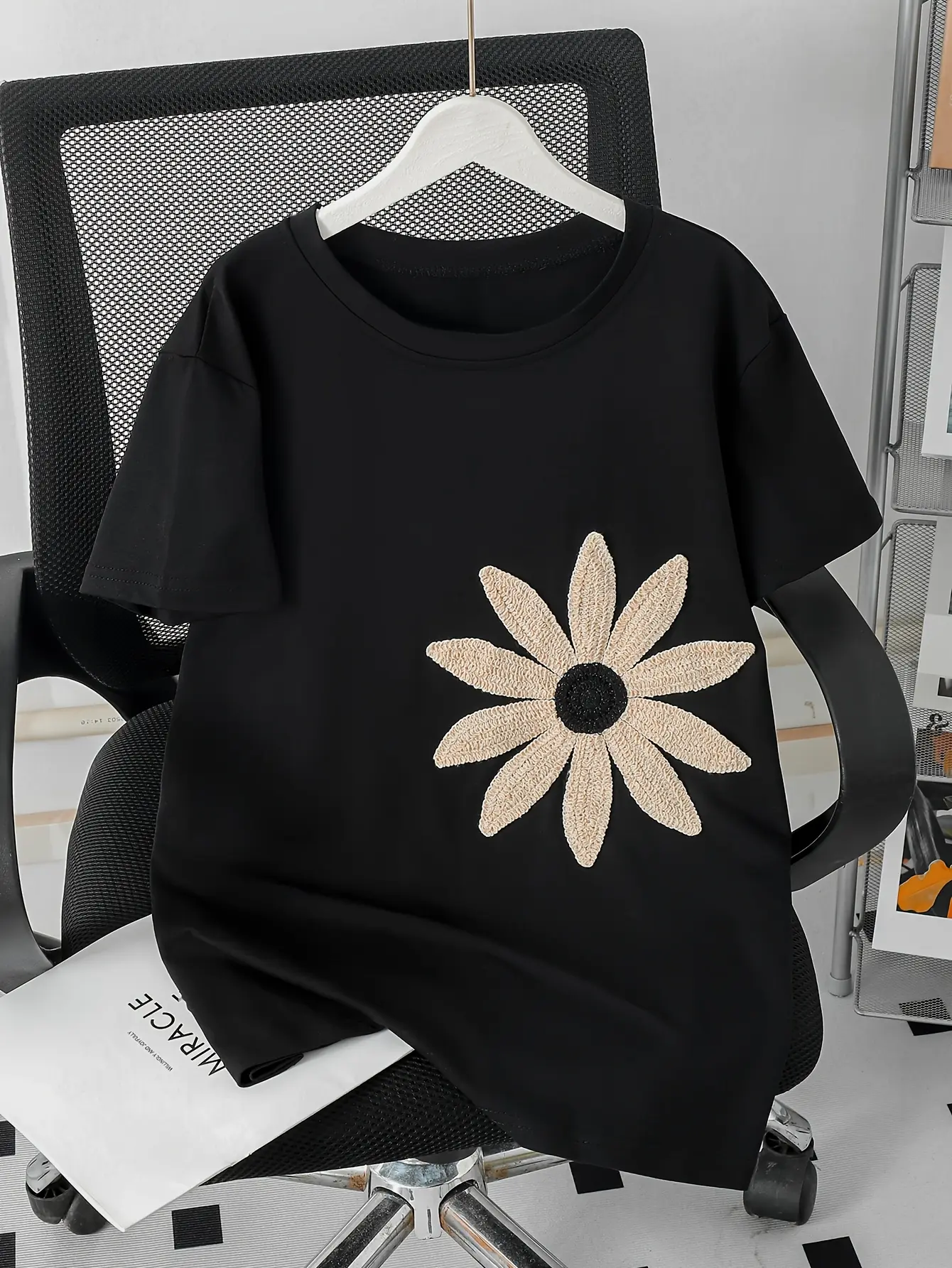 Women’s Crochet Sunflower Applique T-Shirt gallery view