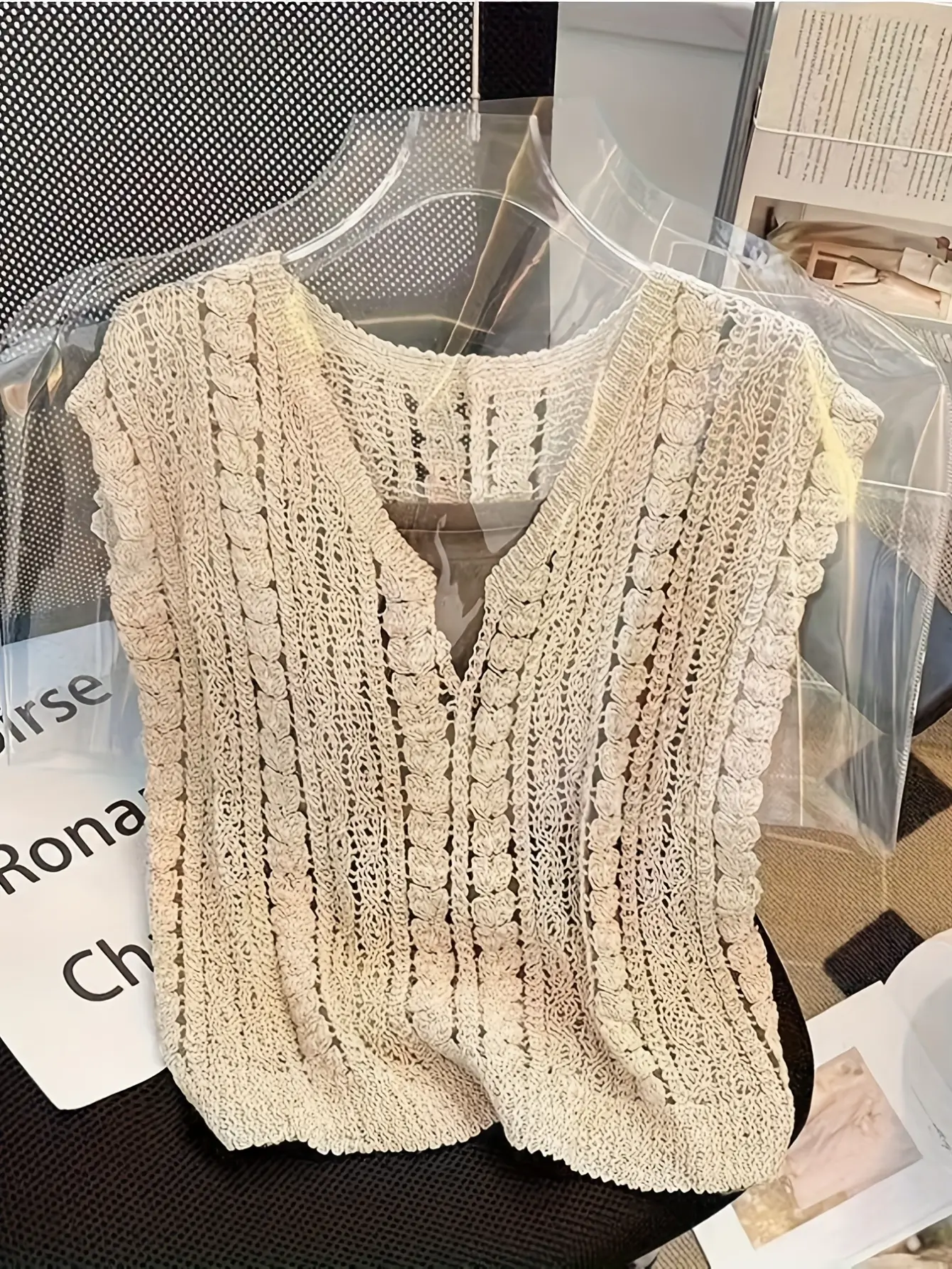 Women’s Beige V-Neck Openwork Knit Pullover gallery view
