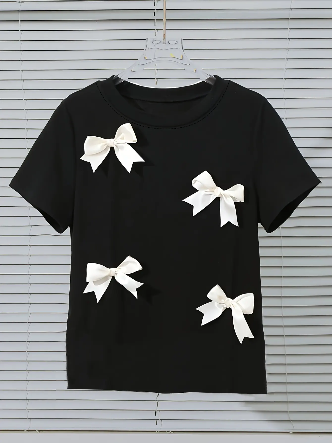 Women’s Black Bow Applique Short Sleeve T-Shirt gallery view