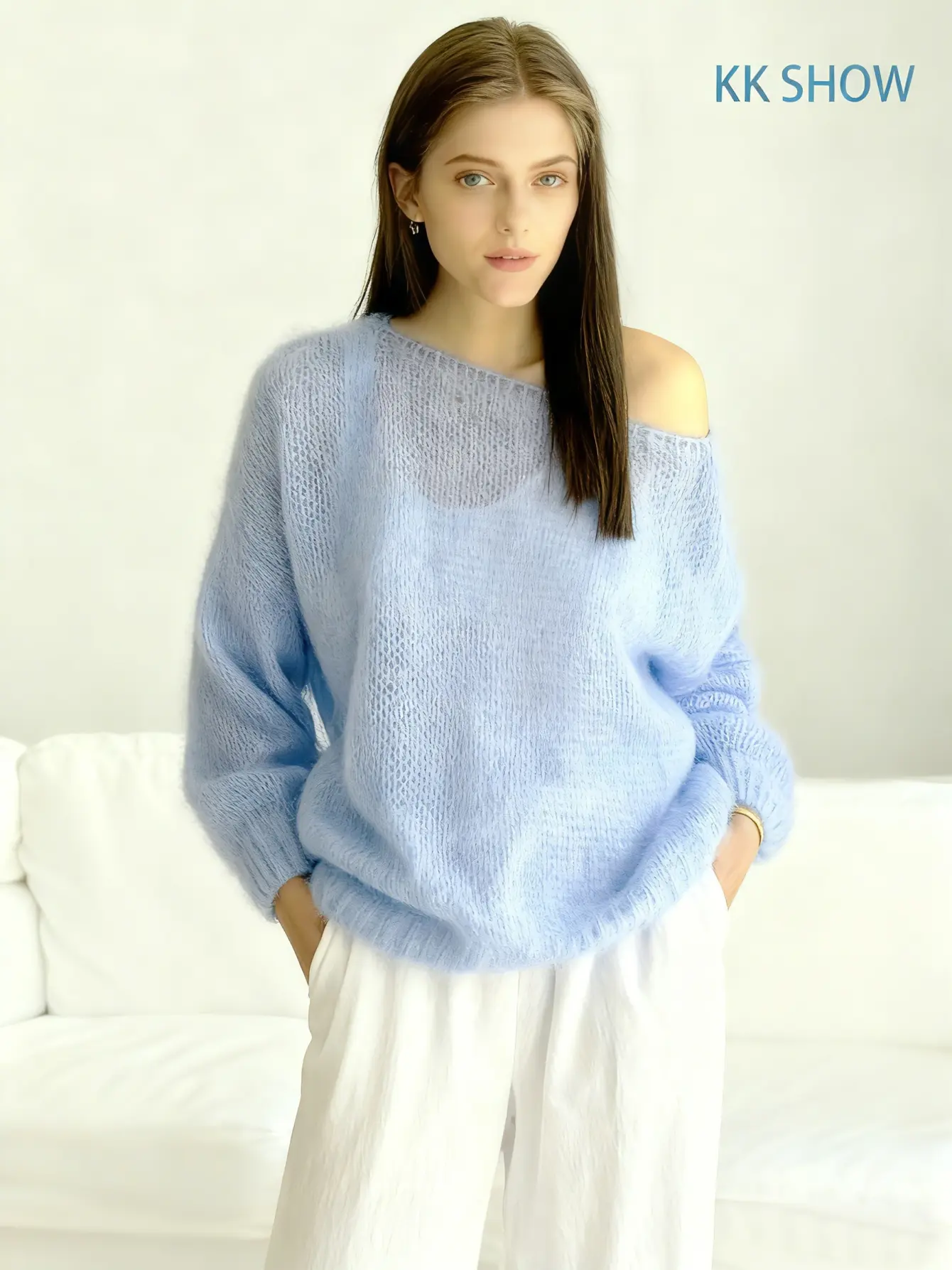 Women’s Sky Blue Off-Shoulder Knit Sweater gallery view