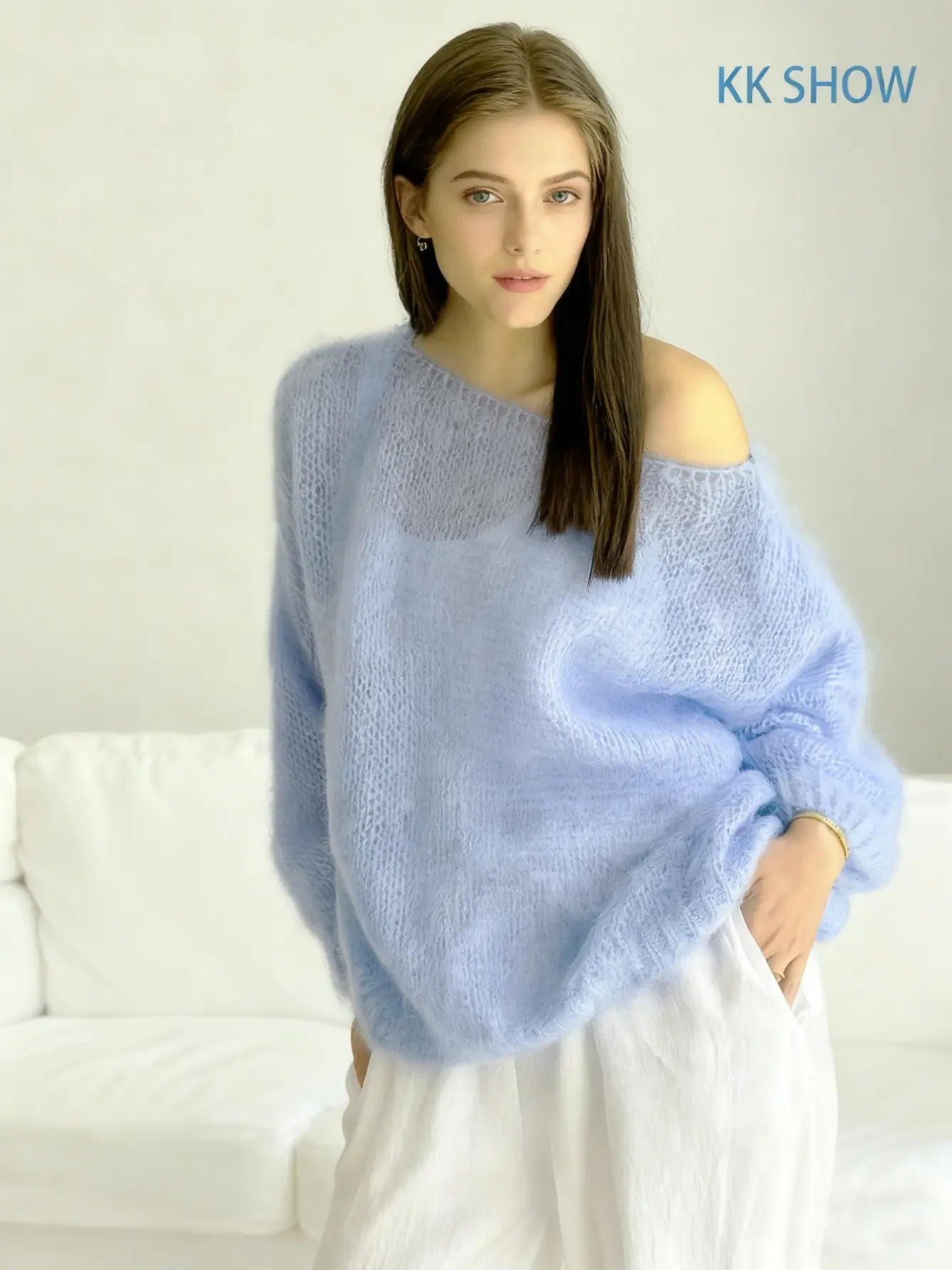 Women’s Sky Blue Off-Shoulder Knit Sweater gallery view