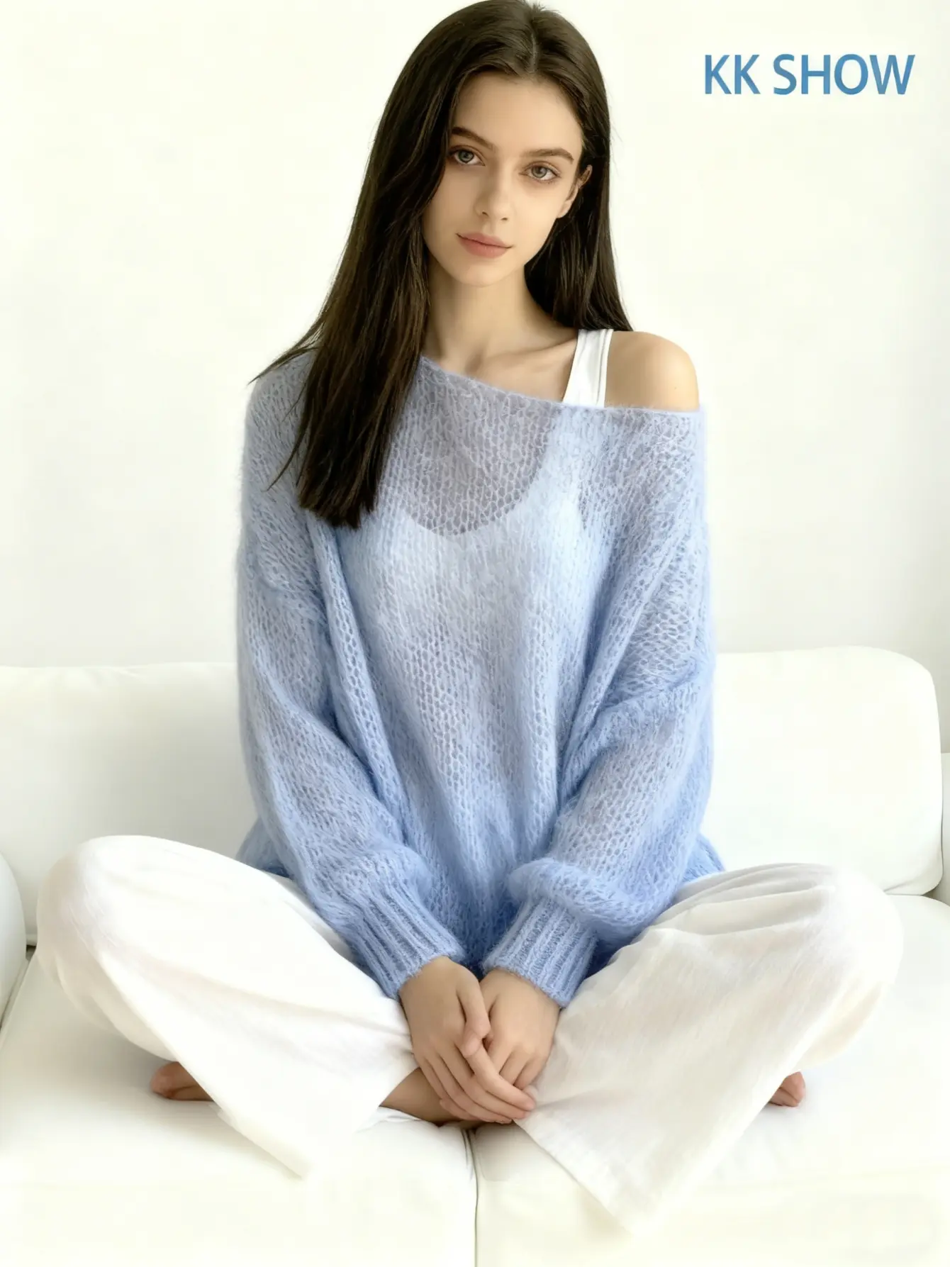 Women’s Sky Blue Off-Shoulder Knit Sweater gallery view