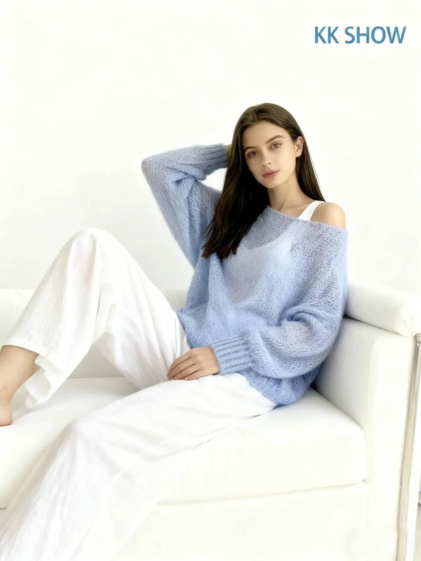 Women’s Sky Blue Off-Shoulder Knit Sweater gallery view