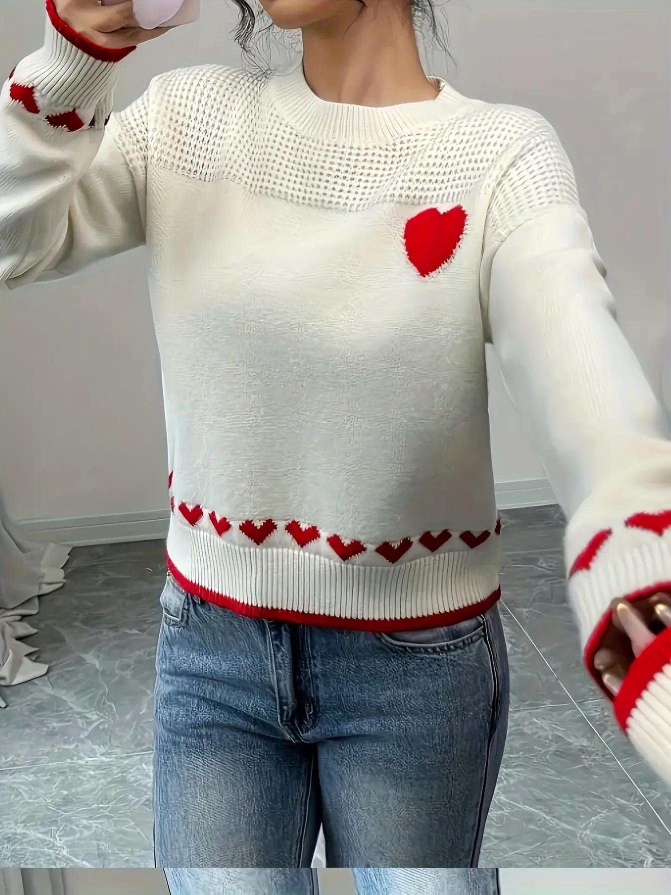 Women’s White Heart Pattern Long Sleeve Sweater gallery view
