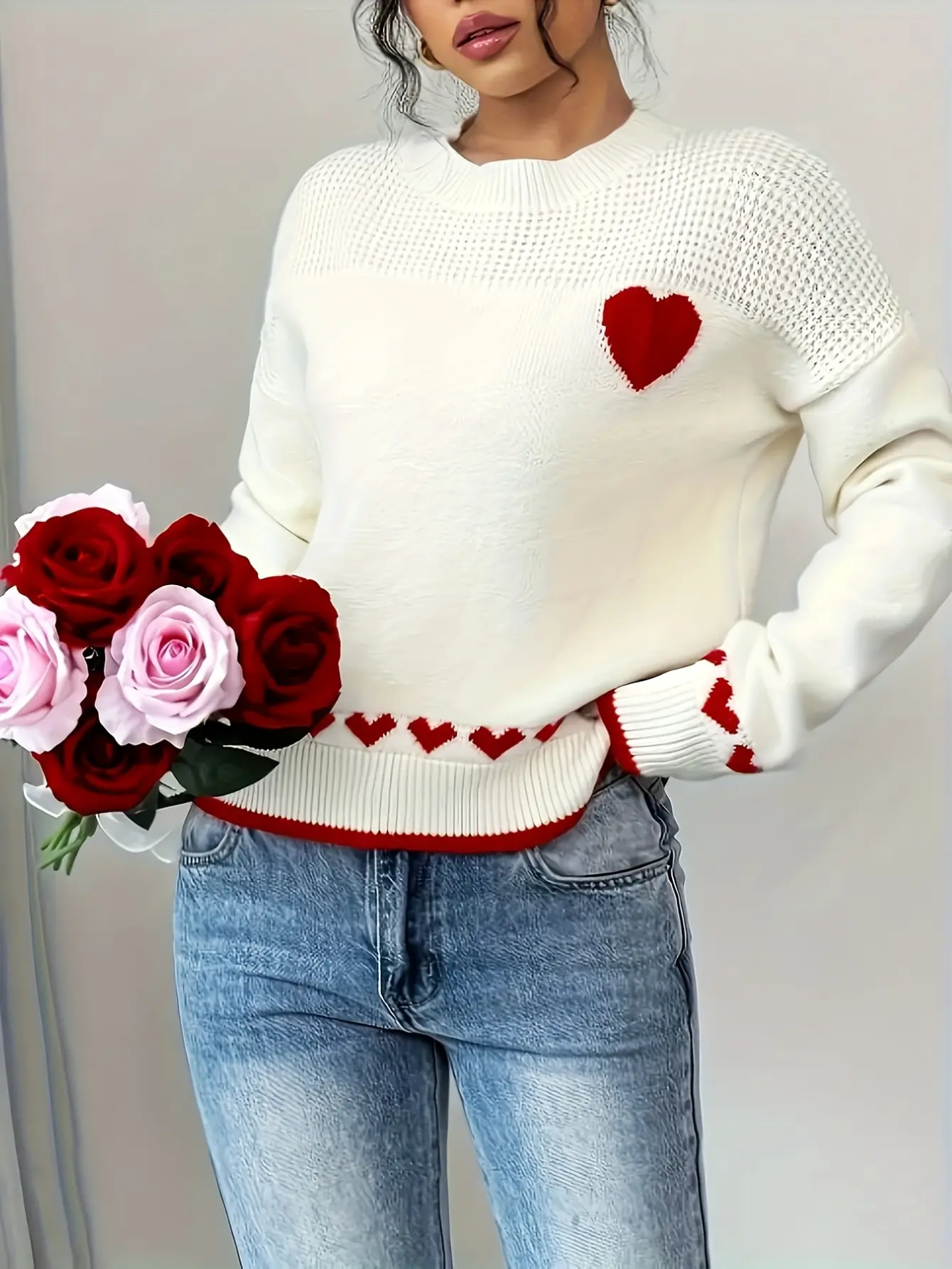Women’s White Heart Pattern Long Sleeve Sweater gallery view