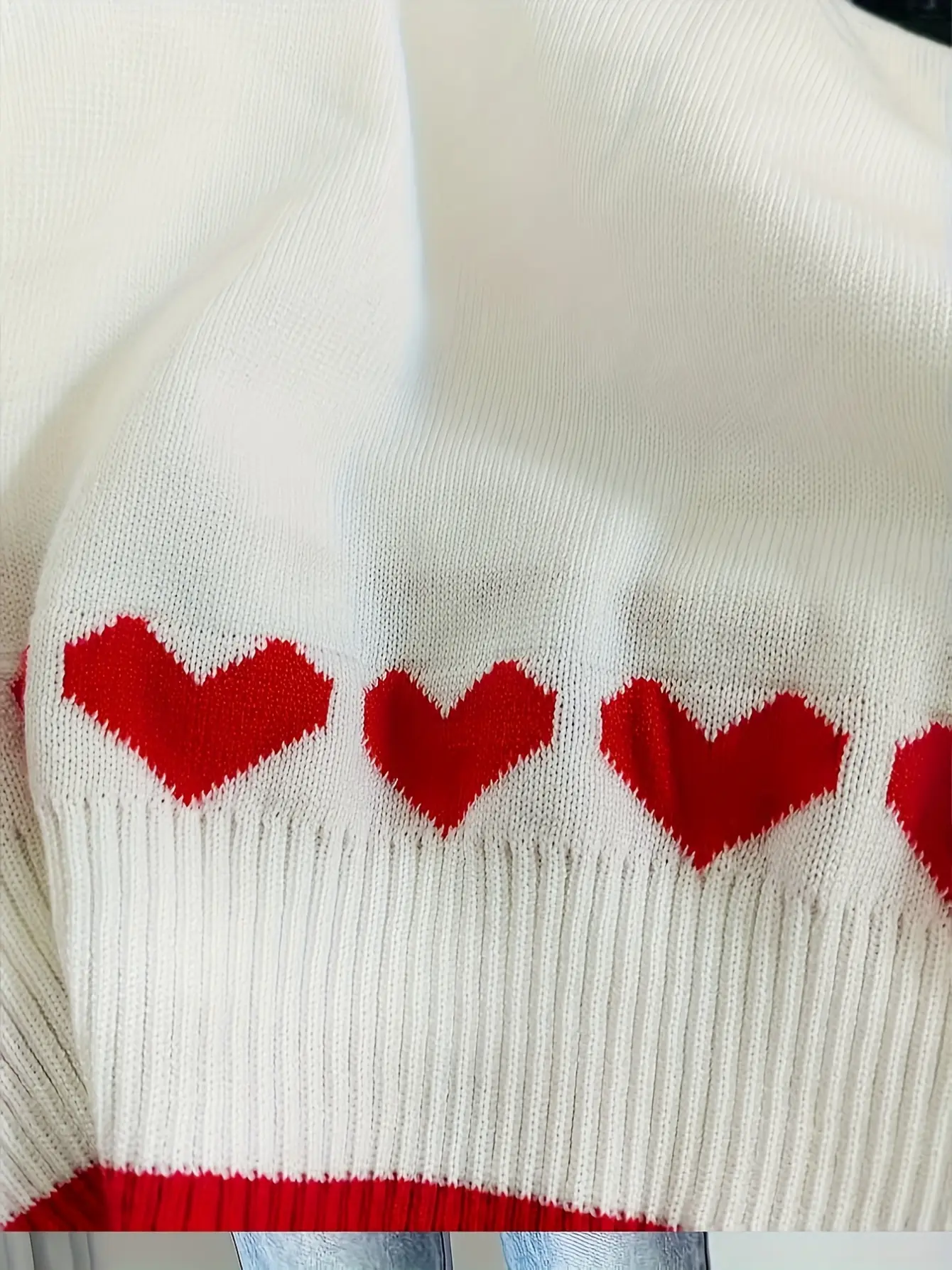 Women’s White Heart Pattern Long Sleeve Sweater gallery view
