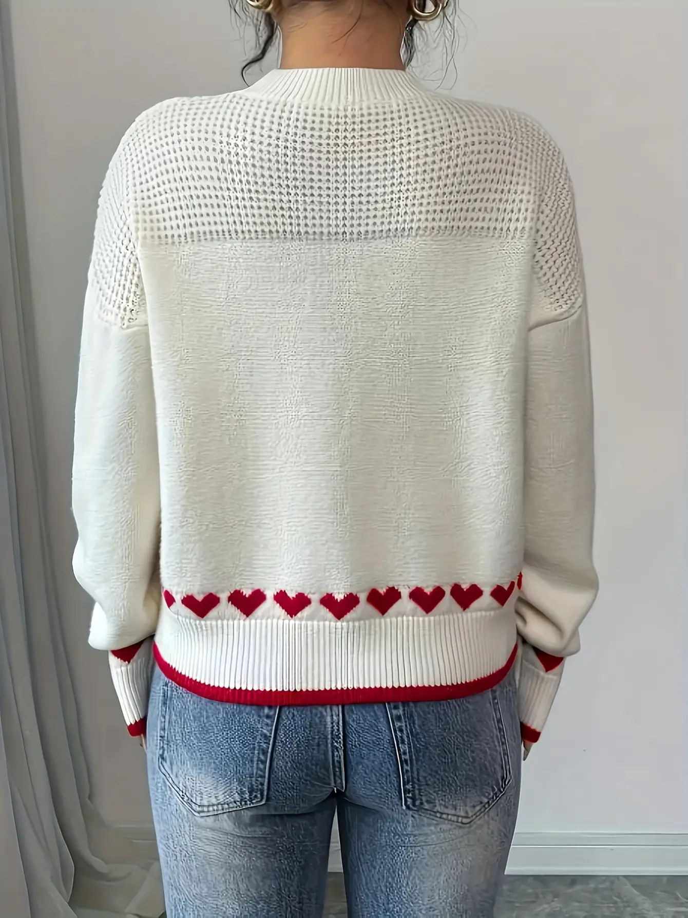 Women’s White Heart Pattern Long Sleeve Sweater gallery view