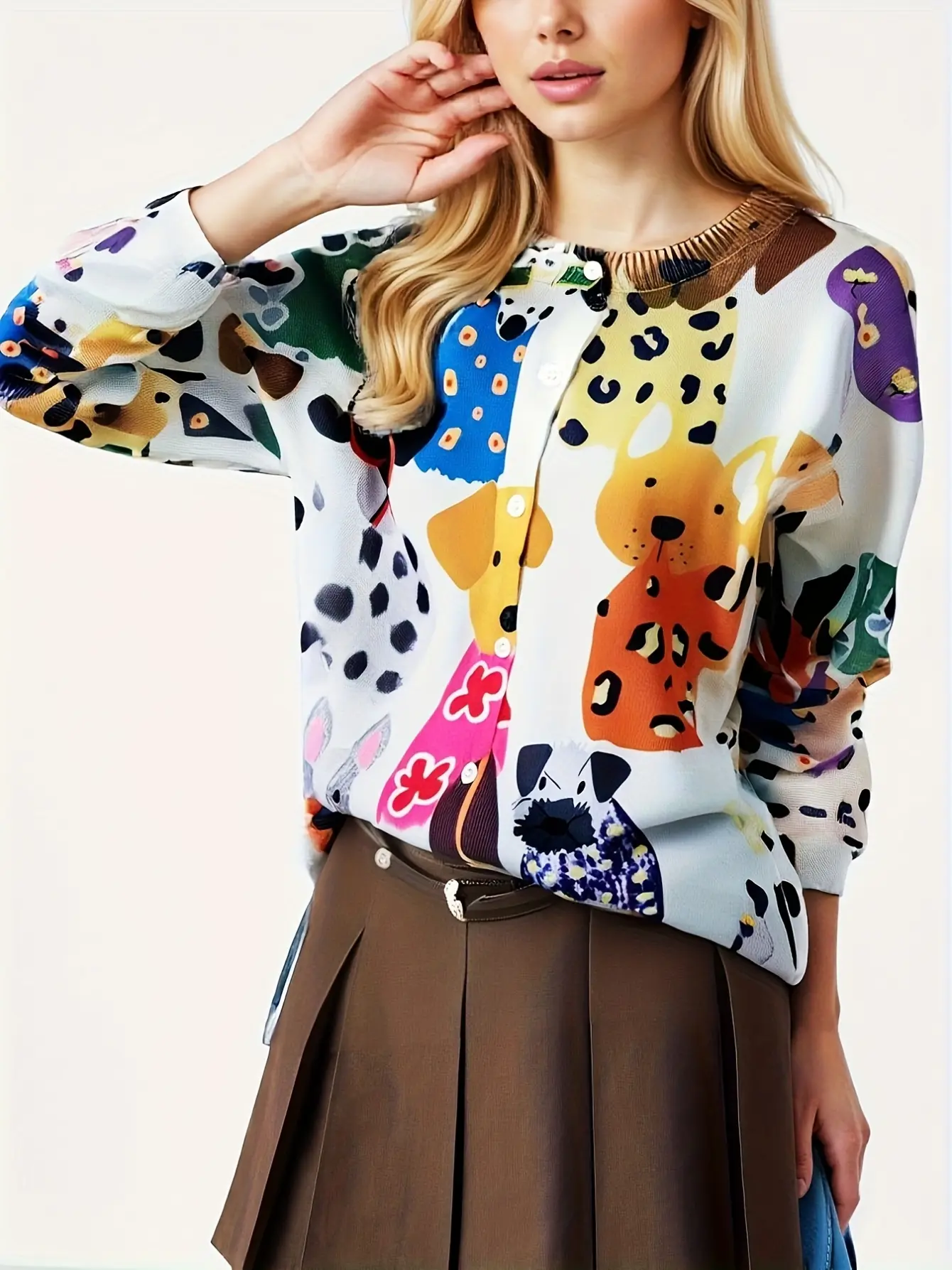 Women’s 3D Dog Print Knit Cardigan gallery view