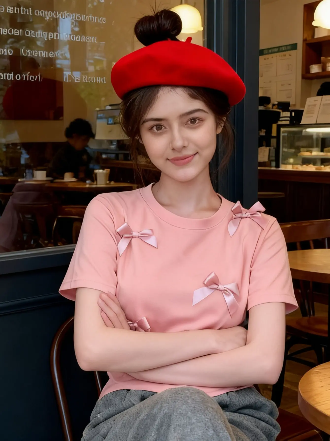 Women’s Pink Bow Applique Crew Neck T-Shirt gallery view