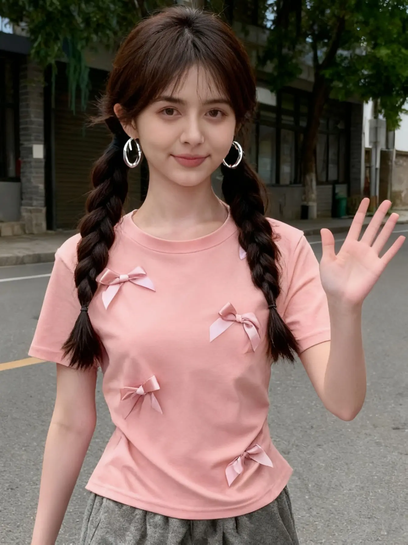 Women’s Pink Bow Applique Crew Neck T-Shirt gallery view