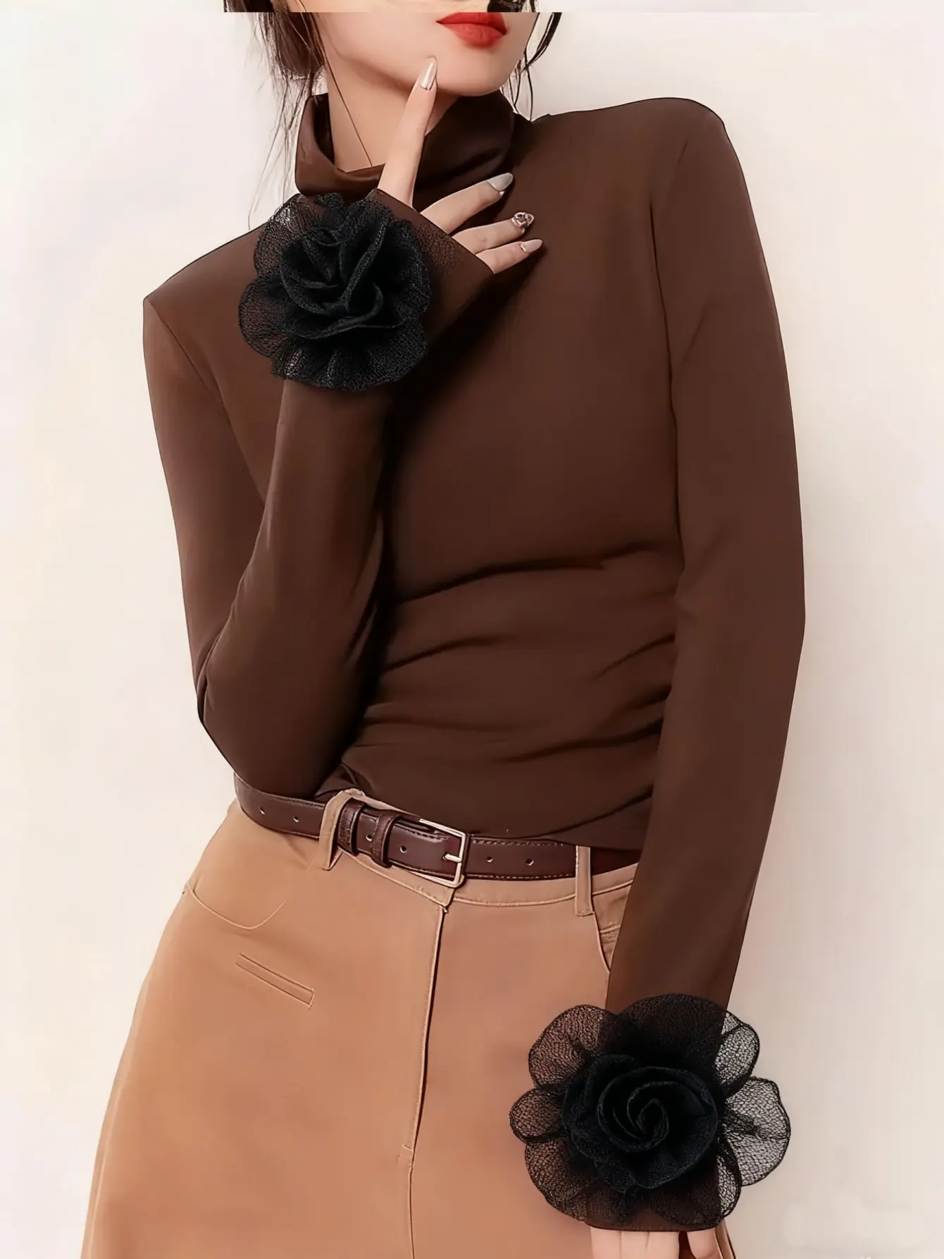 Women’s 3D Floral Applique Mock-Neck Long-Sleeve Top gallery view