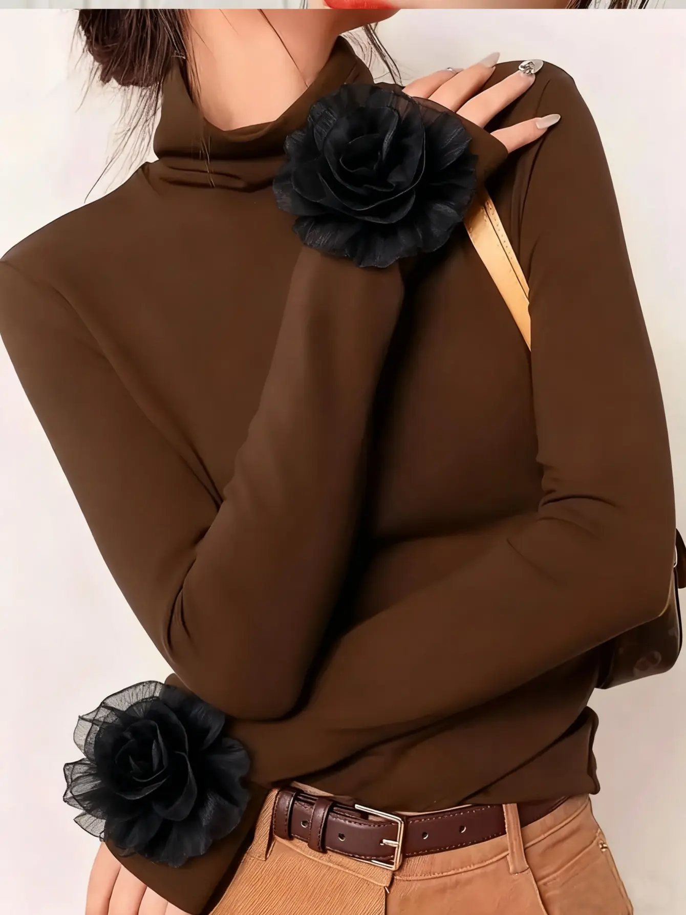 Women’s 3D Floral Applique Mock-Neck Long-Sleeve Top gallery view