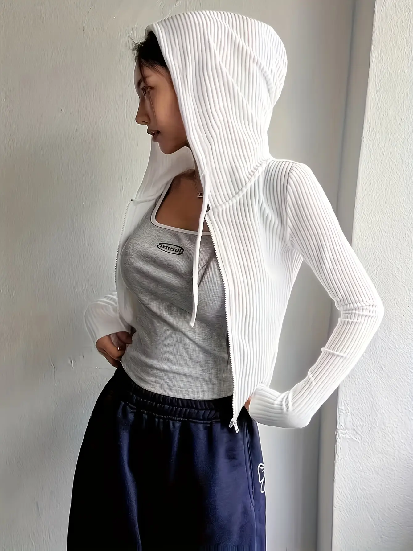Women’s White Semi-Sheer Hooded Zip Long-Sleeve Top gallery view