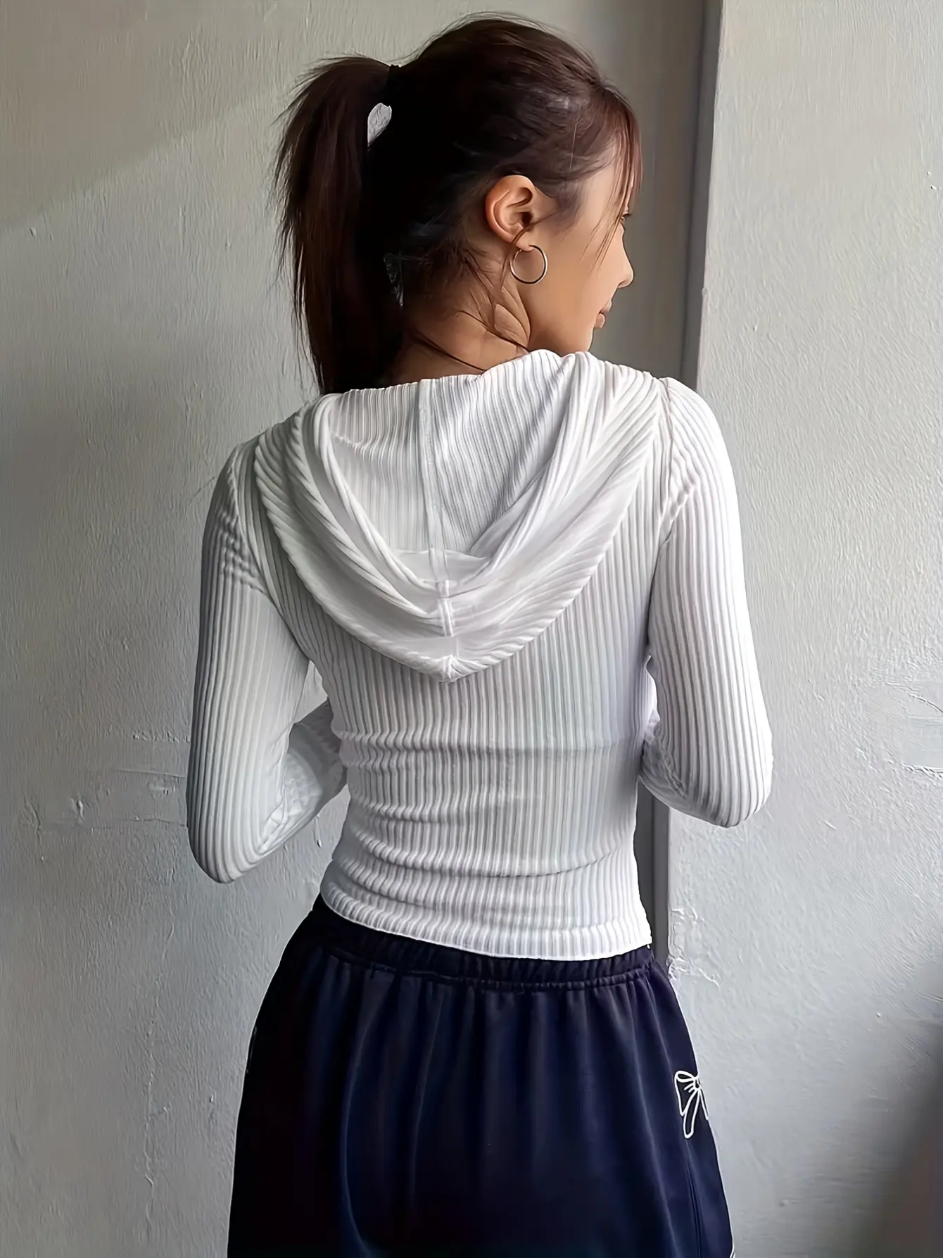 Women’s White Semi-Sheer Hooded Zip Long-Sleeve Top gallery view