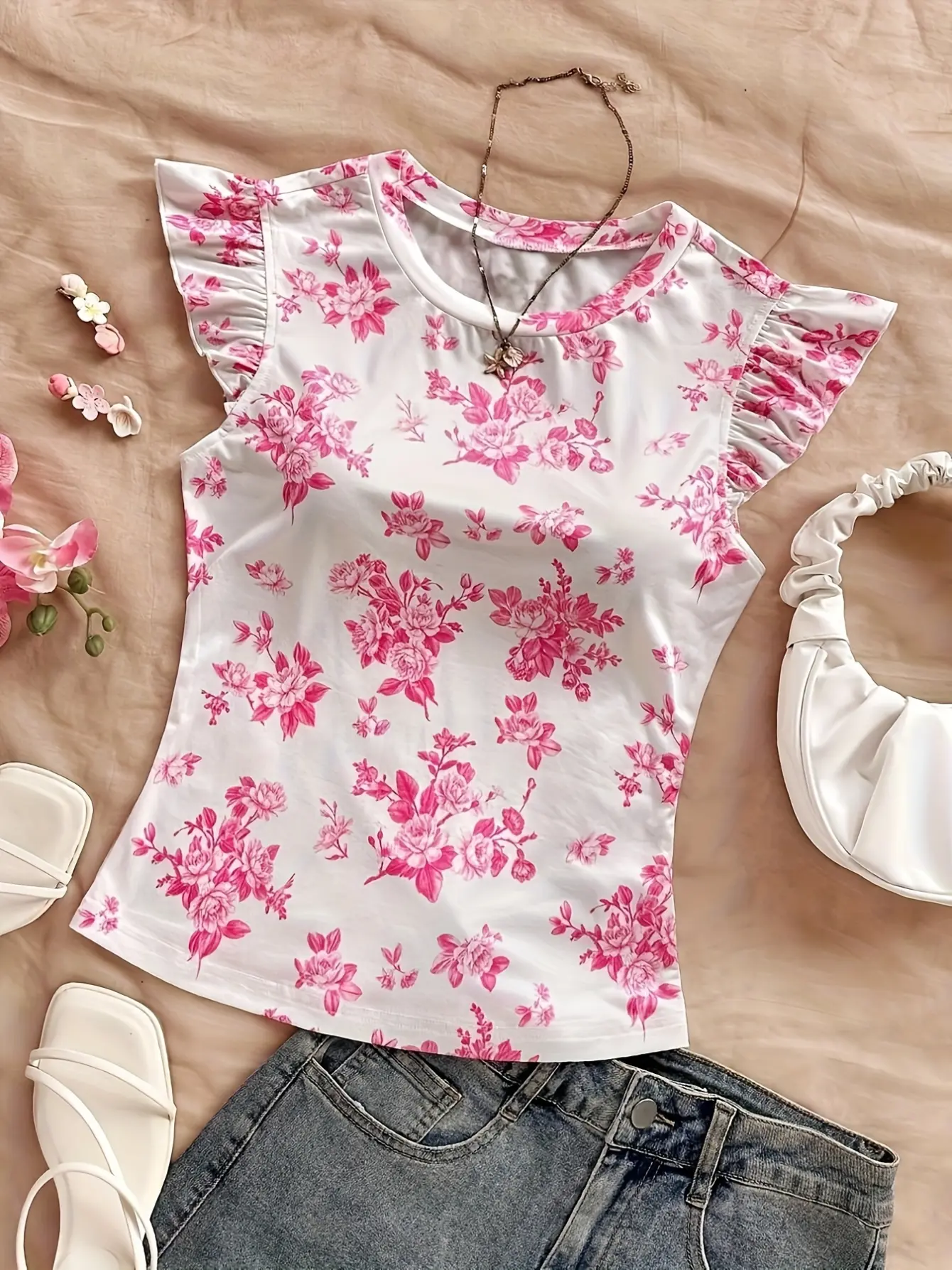 Women’s Tropical Floral Flutter-Sleeve Top gallery view