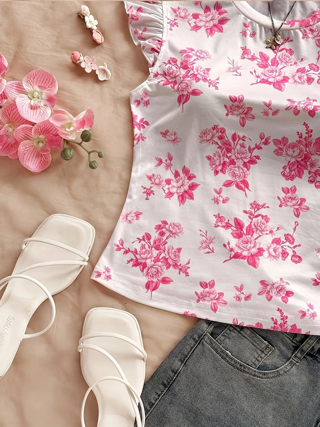 Women’s Tropical Floral Flutter-Sleeve Top gallery view