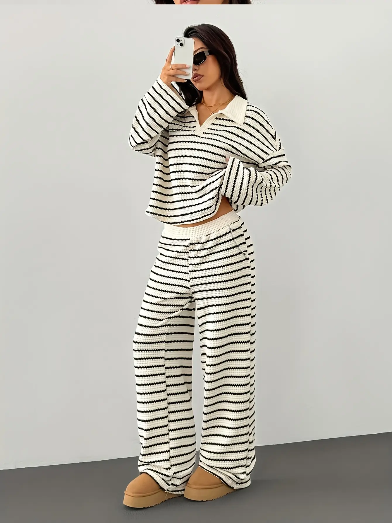 Women’s Striped V-Neck Knit Top and Pants Set gallery view