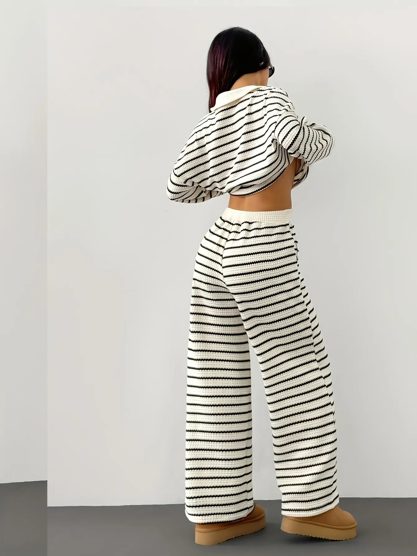 Women’s Striped V-Neck Knit Top and Pants Set gallery view