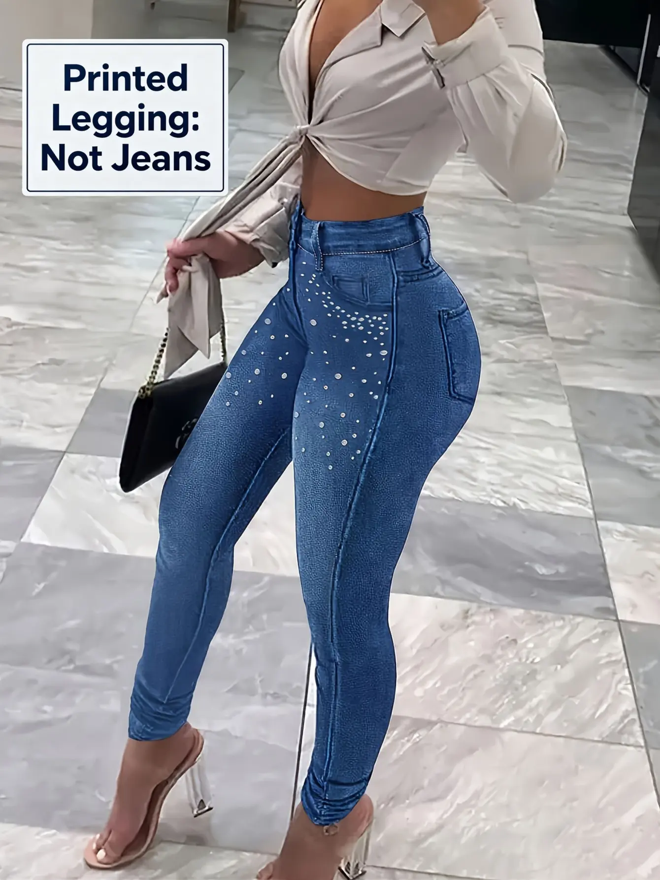 Women’s Rhinestone-Look Faux Denim Print Leggings gallery view